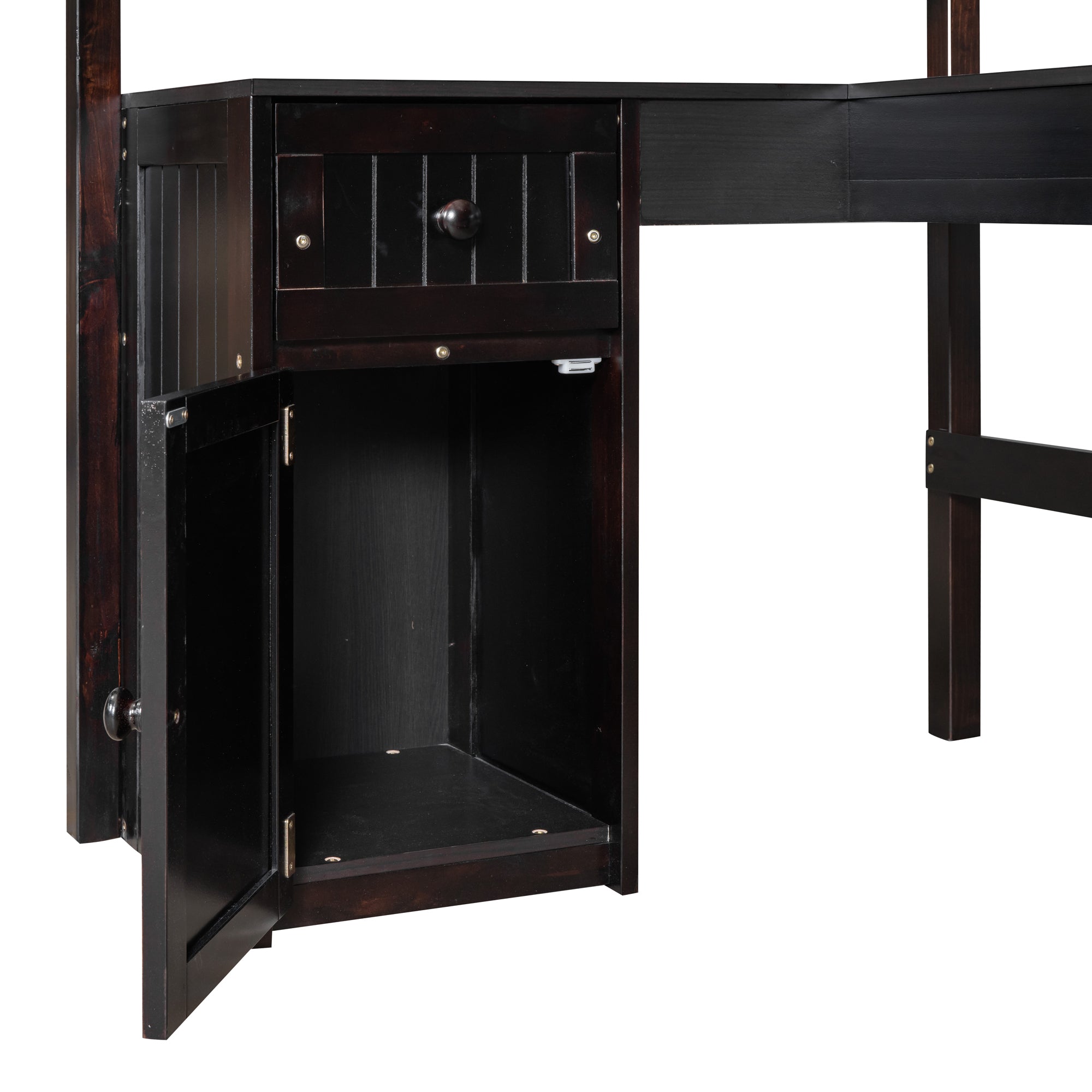 Twin size Loft Bed with Drawers, Cabinet, Shelves and Desk, Wooden Loft Bed with Desk - Espresso