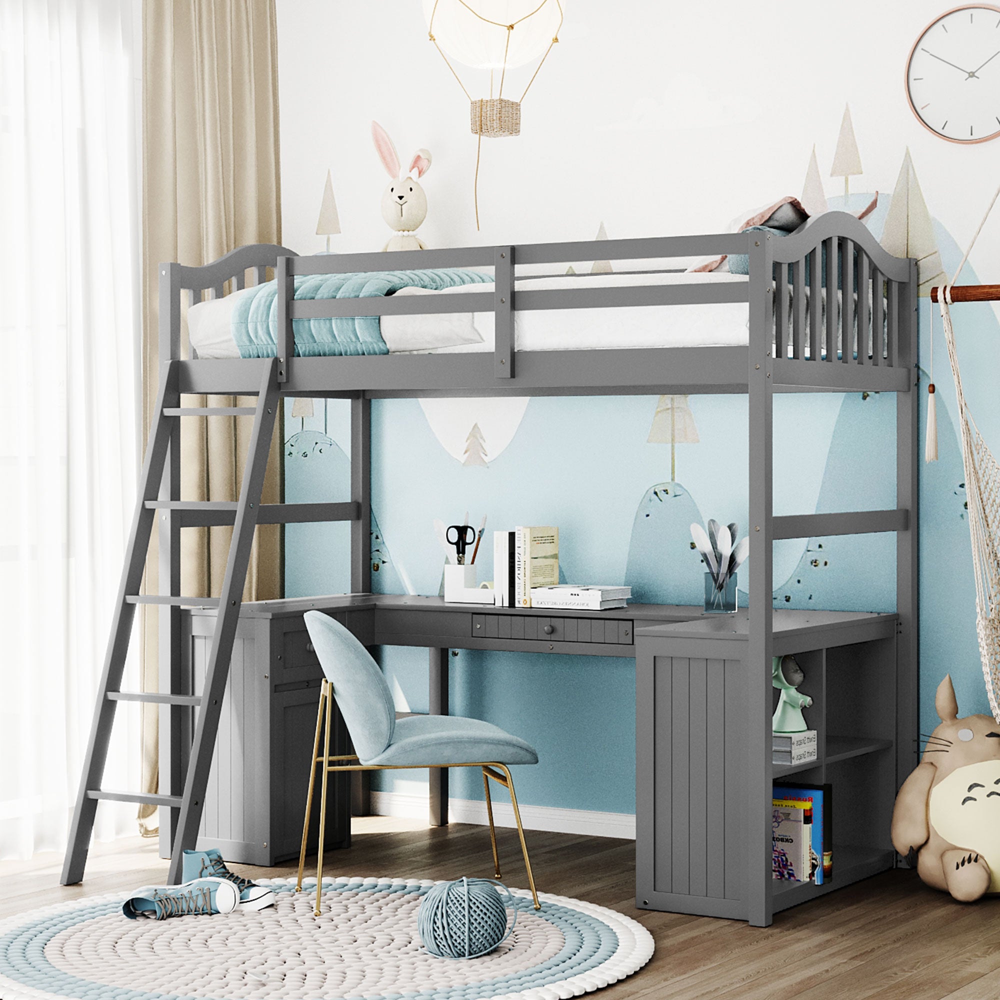 Twin size Loft Bed with Drawers, Cabinet, Shelves and Desk, Wooden Loft Bed with Desk - Gray