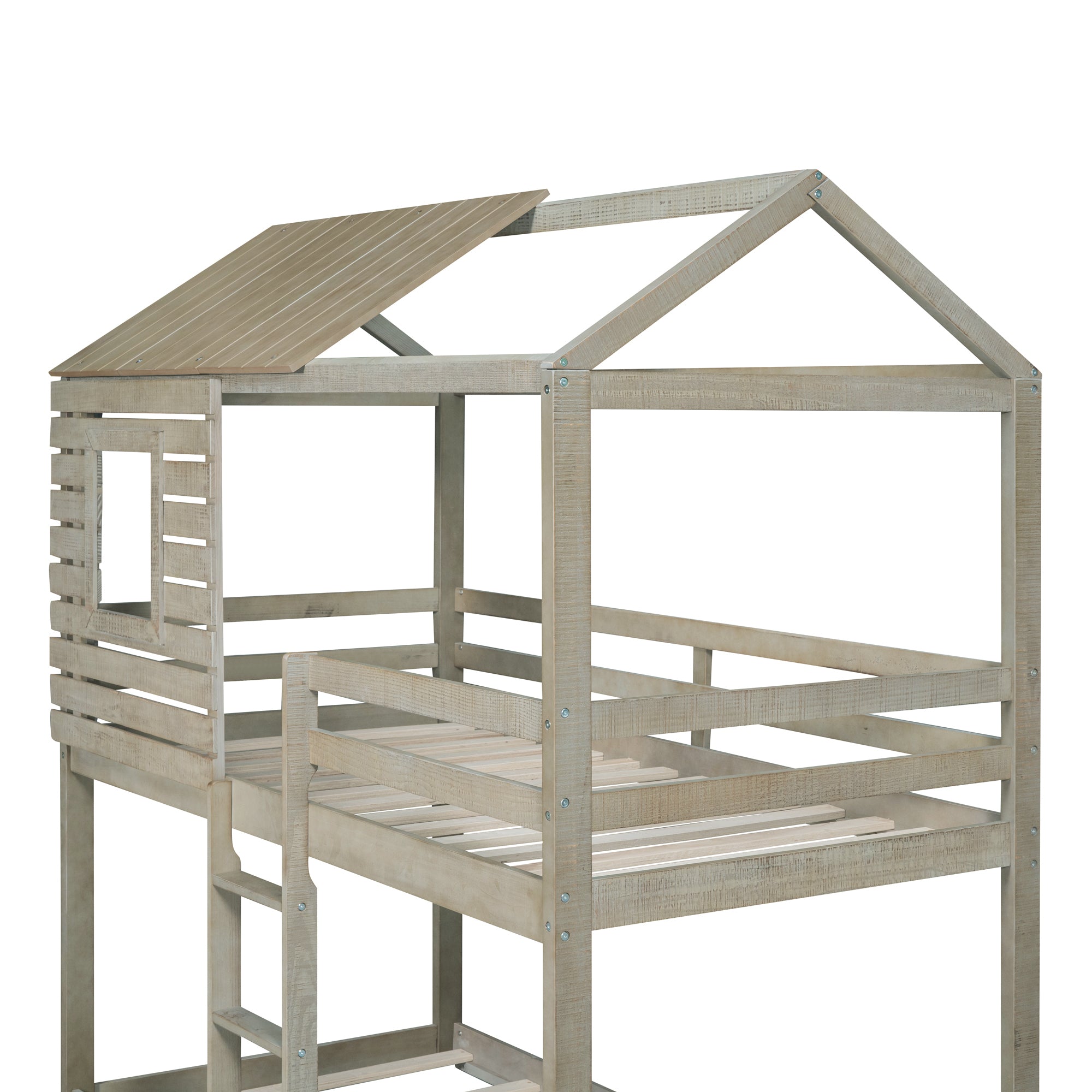 Twin Over Twin Bunk Bed Wood Loft Bed with Roof, Window, Guardrail, Ladder (Antique Gray )