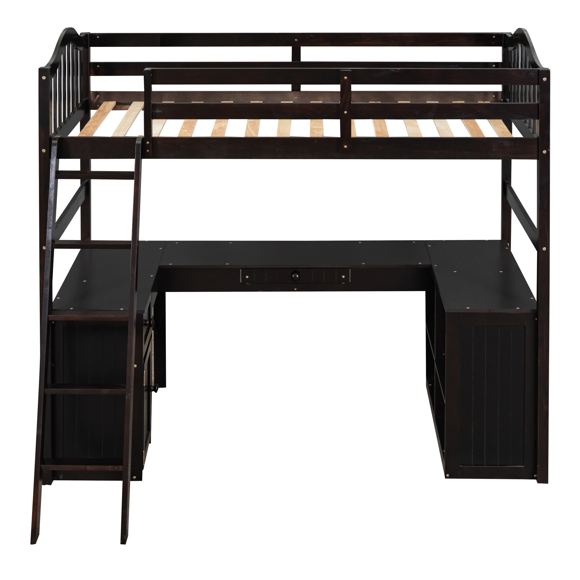 Twin size Loft Bed with Drawers, Cabinet, Shelves and Desk, Wooden Loft Bed with Desk - Espresso