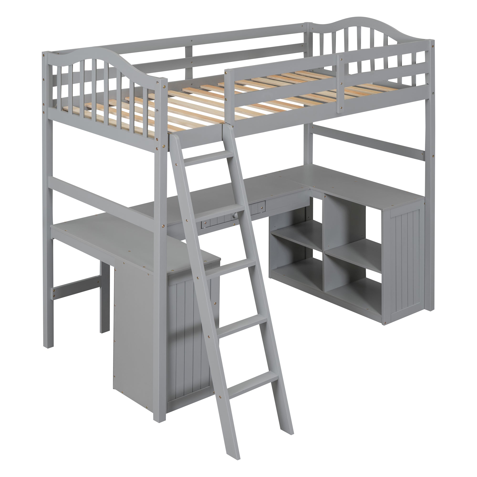 Twin size Loft Bed with Drawers, Cabinet, Shelves and Desk, Wooden Loft Bed with Desk - Gray