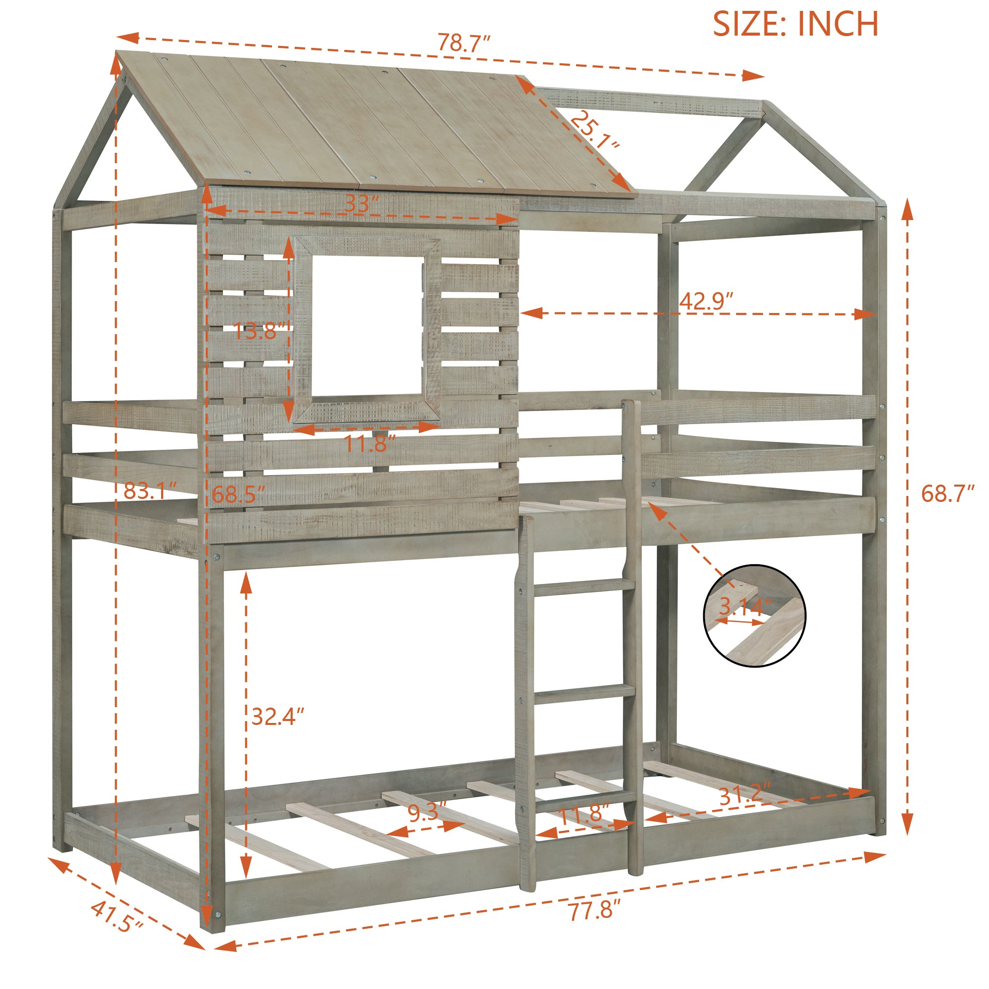 Twin Over Twin Bunk Bed Wood Loft Bed with Roof, Window, Guardrail, Ladder (Antique Gray )