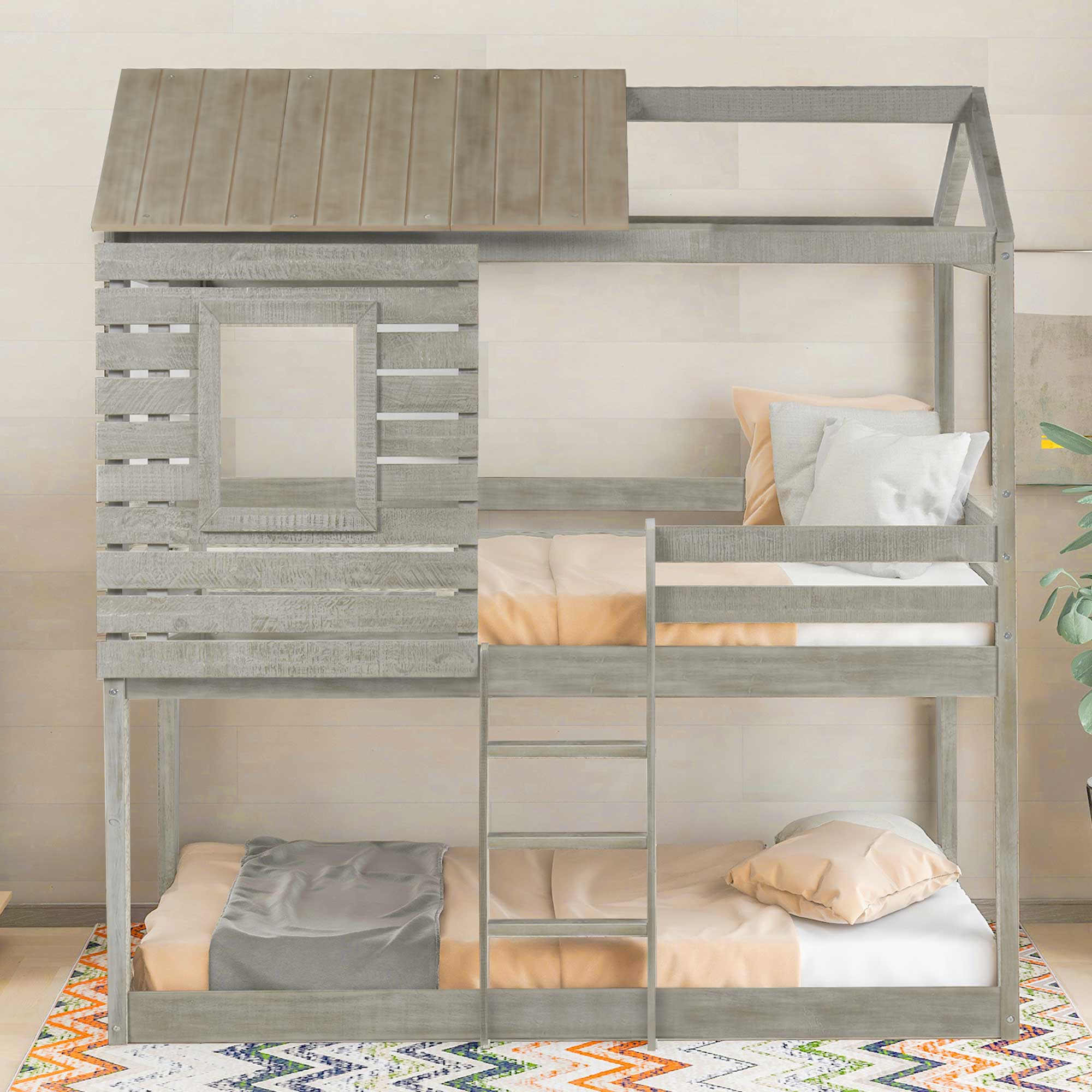 Twin Over Twin Bunk Bed Wood Loft Bed with Roof, Window, Guardrail, Ladder (Antique Gray )