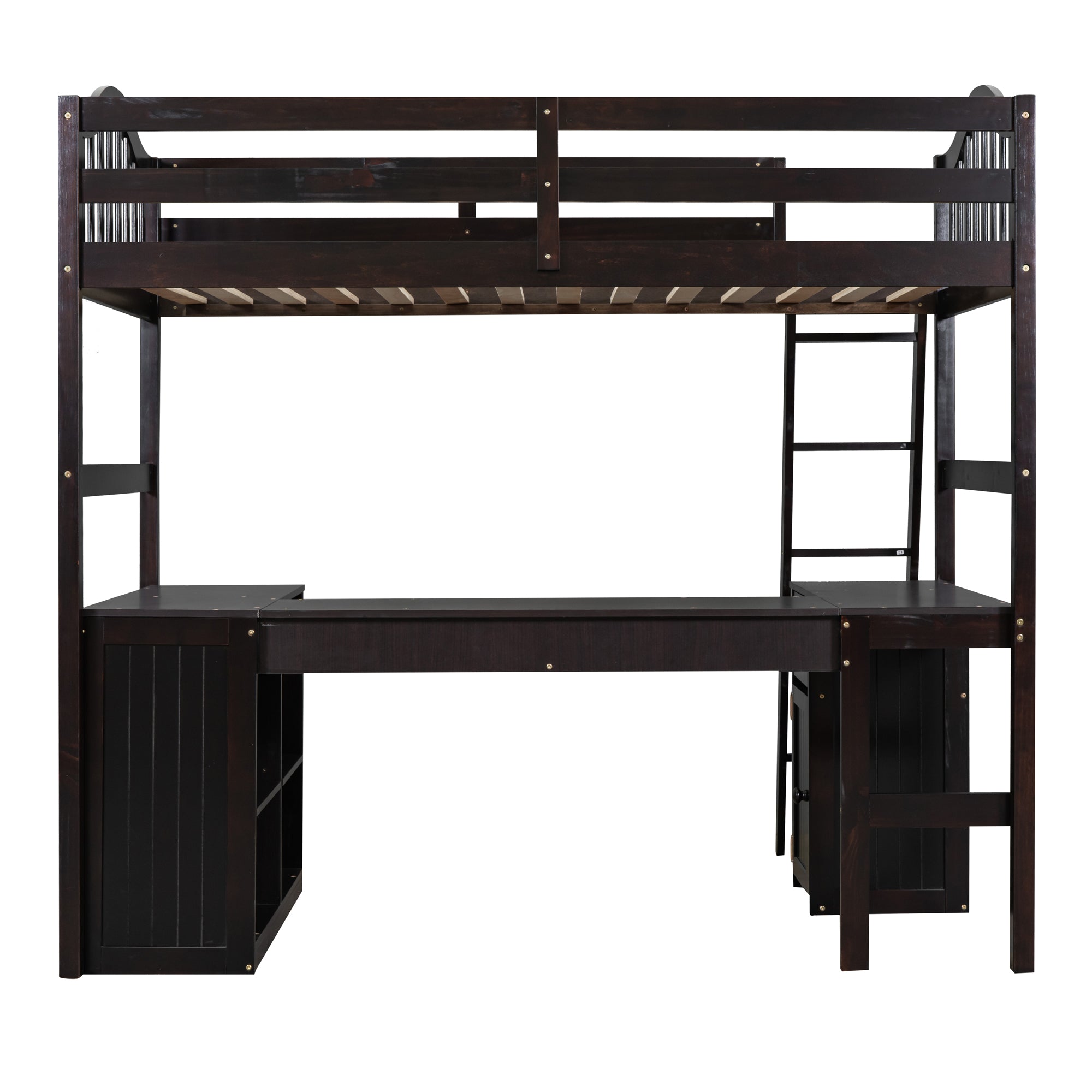 Twin size Loft Bed with Drawers, Cabinet, Shelves and Desk, Wooden Loft Bed with Desk - Espresso