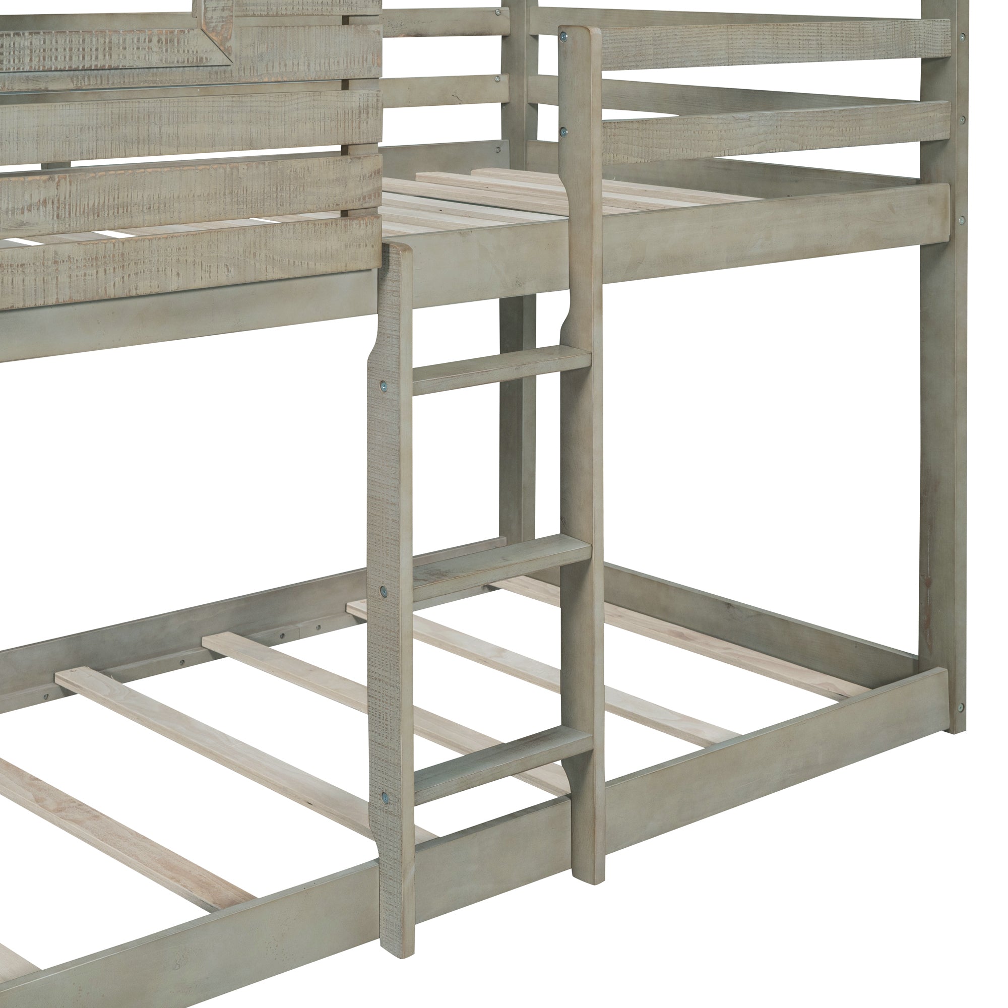 Twin Over Twin Bunk Bed Wood Loft Bed with Roof, Window, Guardrail, Ladder (Antique Gray )