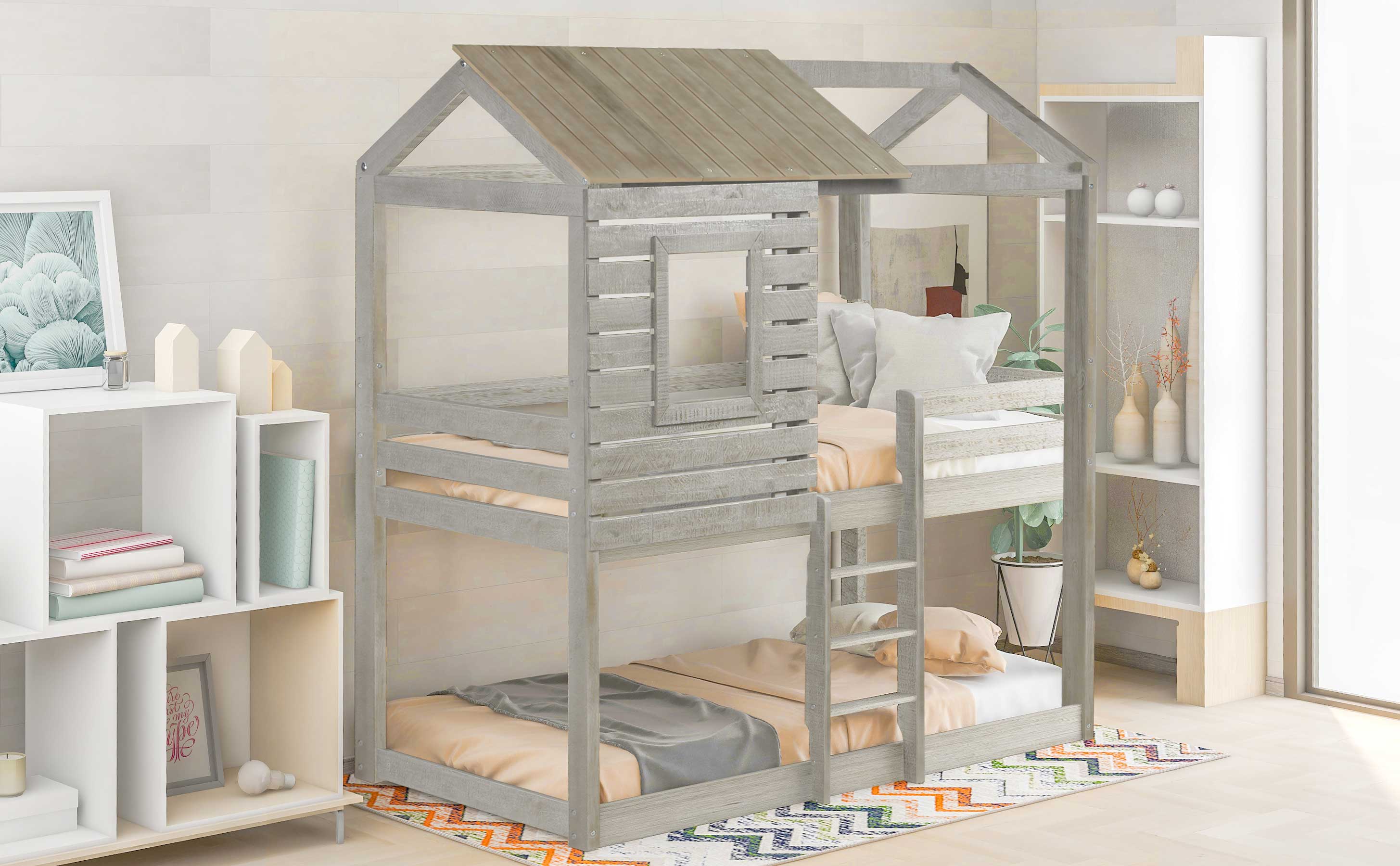 Twin Over Twin Bunk Bed Wood Loft Bed with Roof, Window, Guardrail, Ladder (Antique Gray )