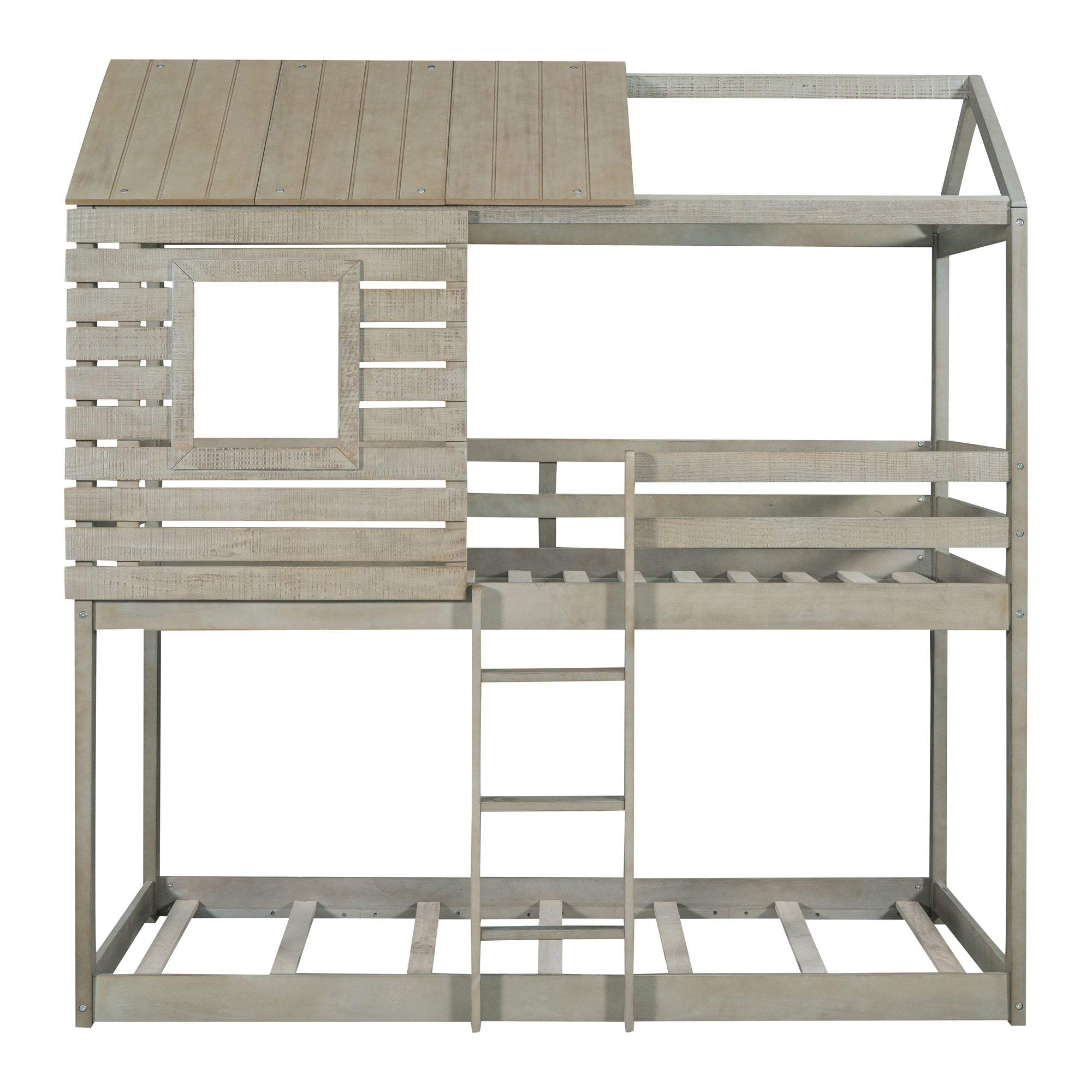 Twin Over Twin Bunk Bed Wood Loft Bed with Roof, Window, Guardrail, Ladder (Antique Gray )