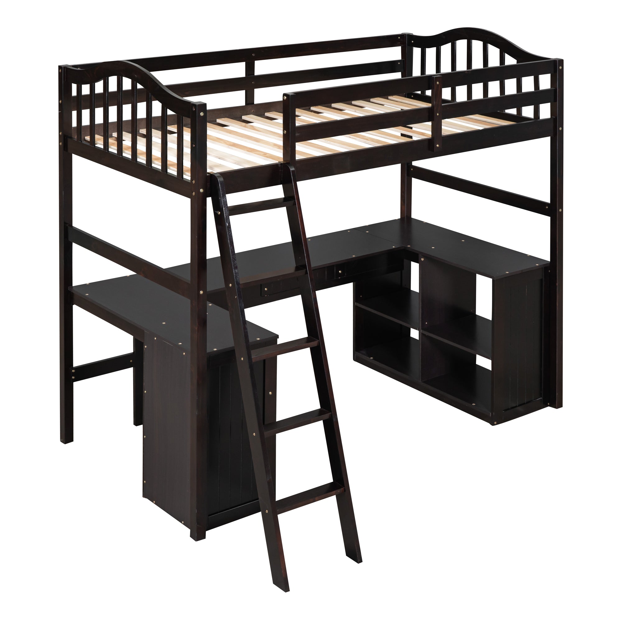 Twin size Loft Bed with Drawers, Cabinet, Shelves and Desk, Wooden Loft Bed with Desk - Espresso