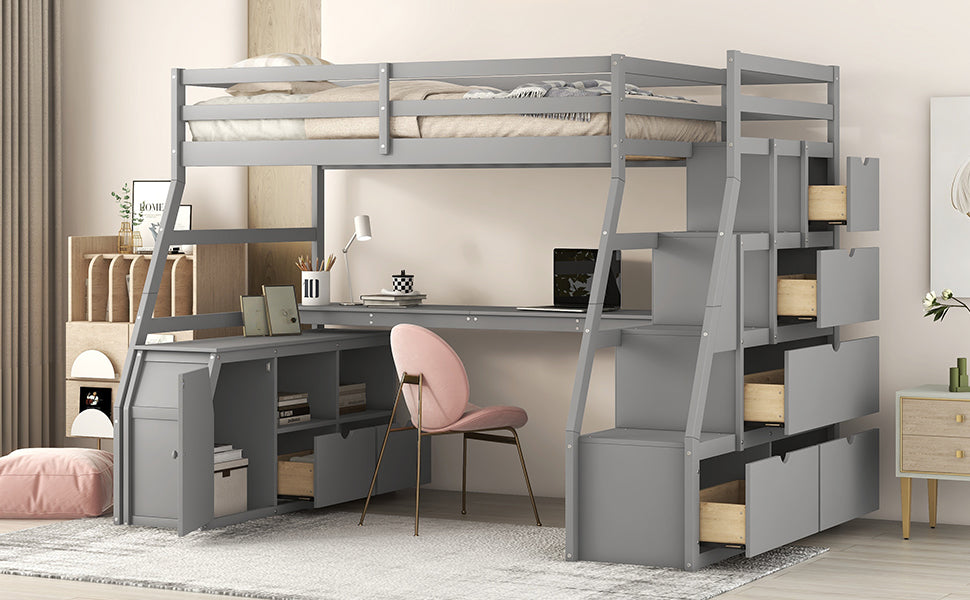 Twin Size Loft Bed with 7 Drawers 2 Shelves and Desk - Gray