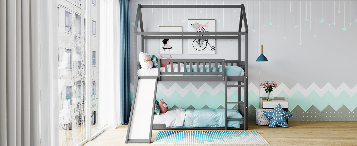 Twin Over Twin Bunk Bed with Slide, House Bed with Slide, Gray