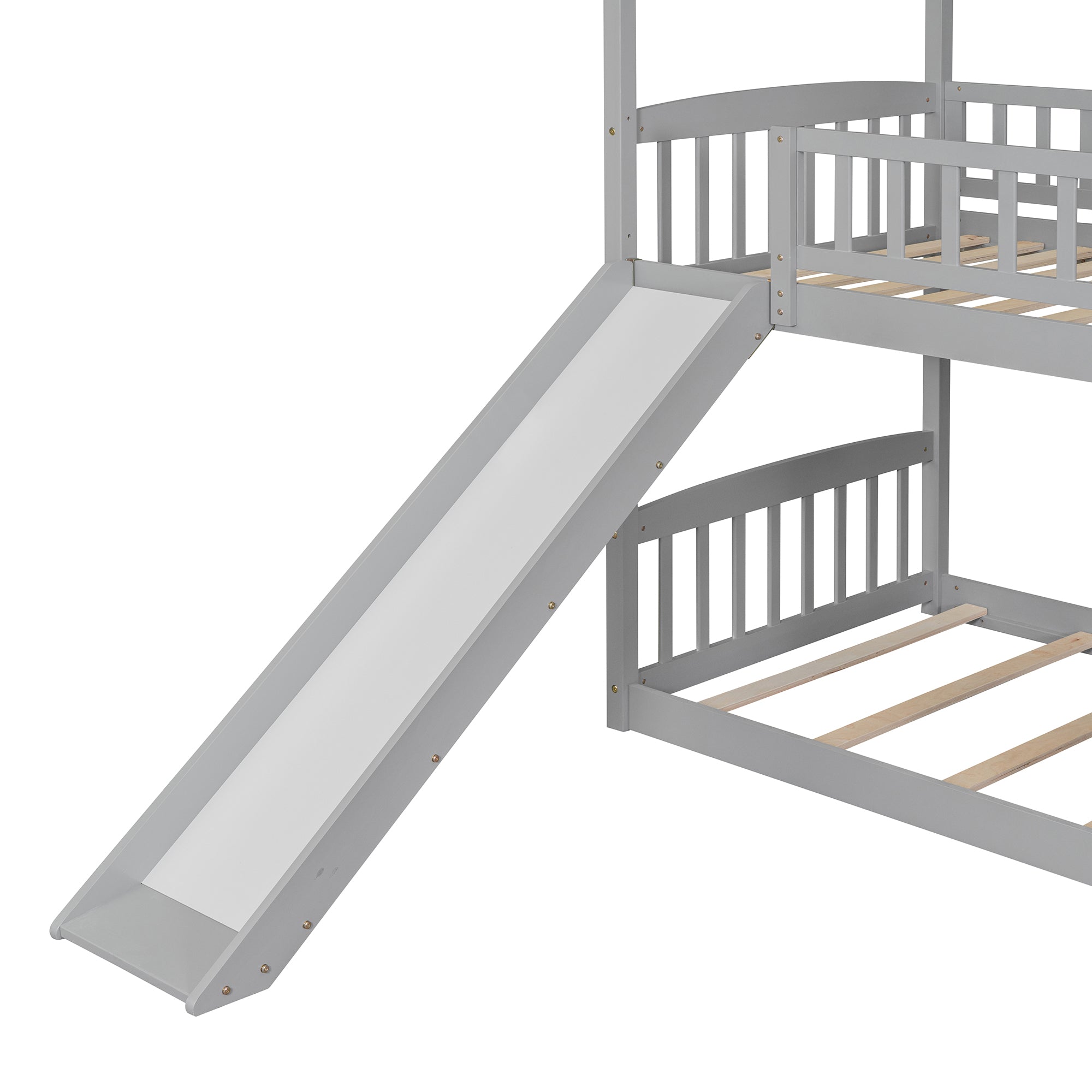 Twin Over Twin Bunk Bed with Slide, House Bed with Slide, Gray