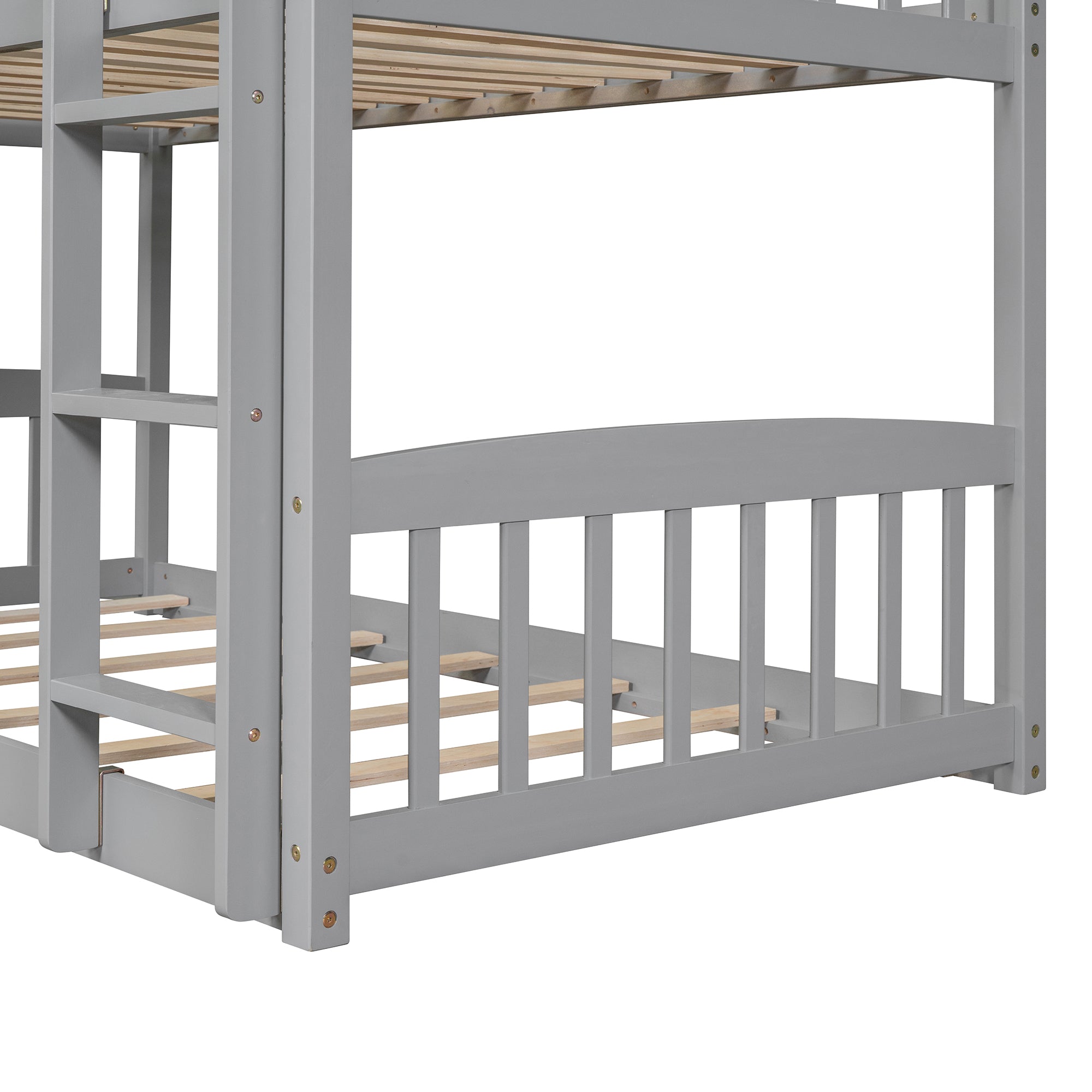 Twin Over Twin Bunk Bed with Slide, House Bed with Slide, Gray