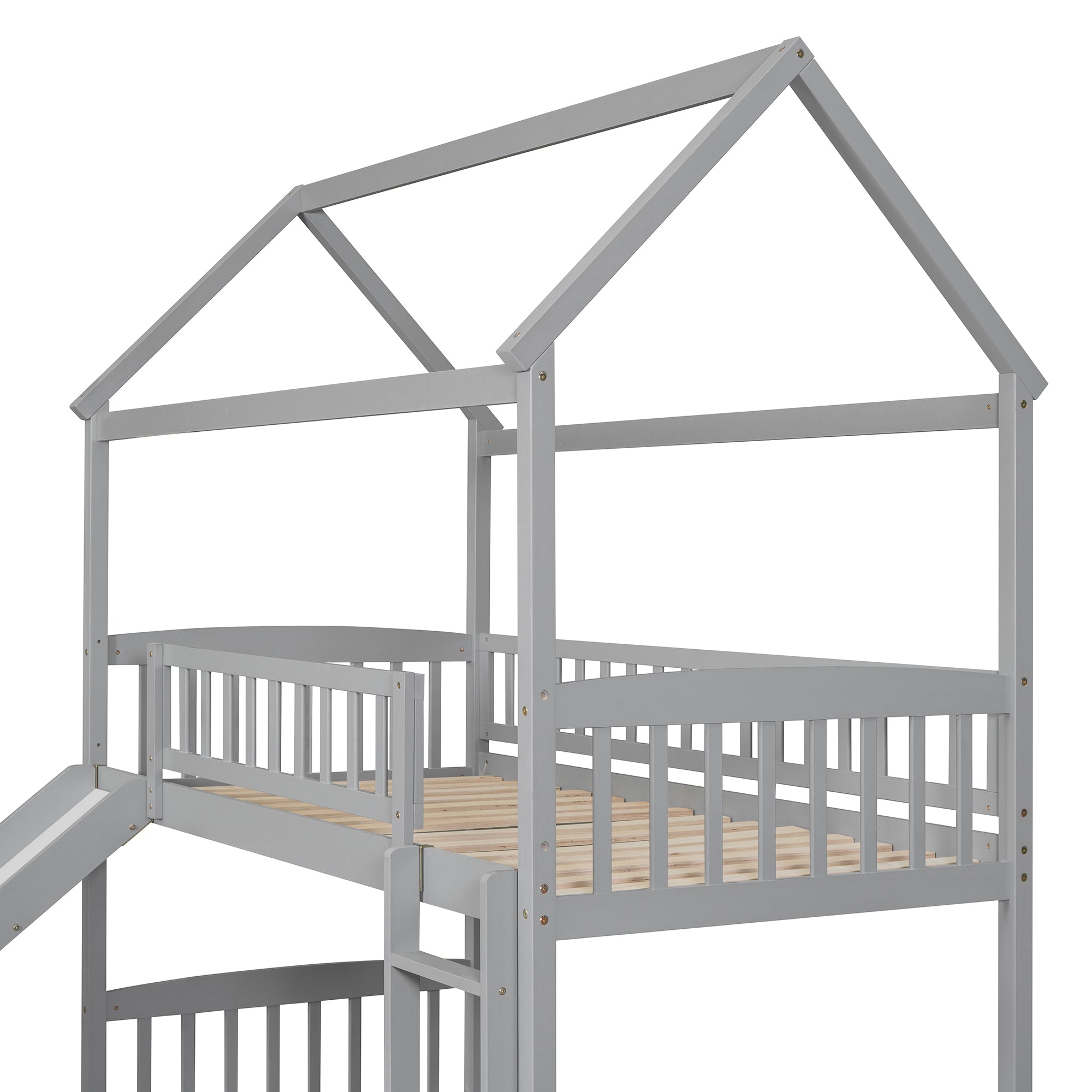 Twin Over Twin Bunk Bed with Slide, House Bed with Slide, Gray