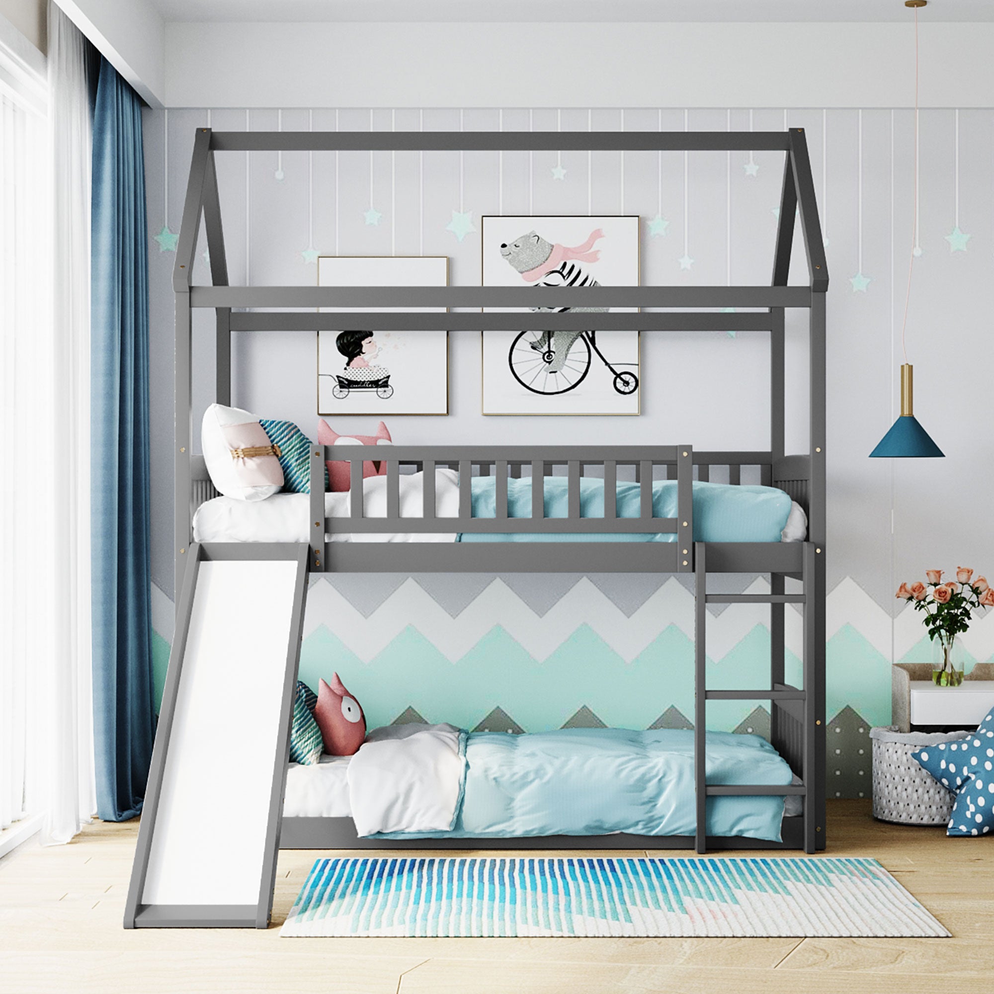 Twin Over Twin Bunk Bed with Slide, House Bed with Slide, Gray