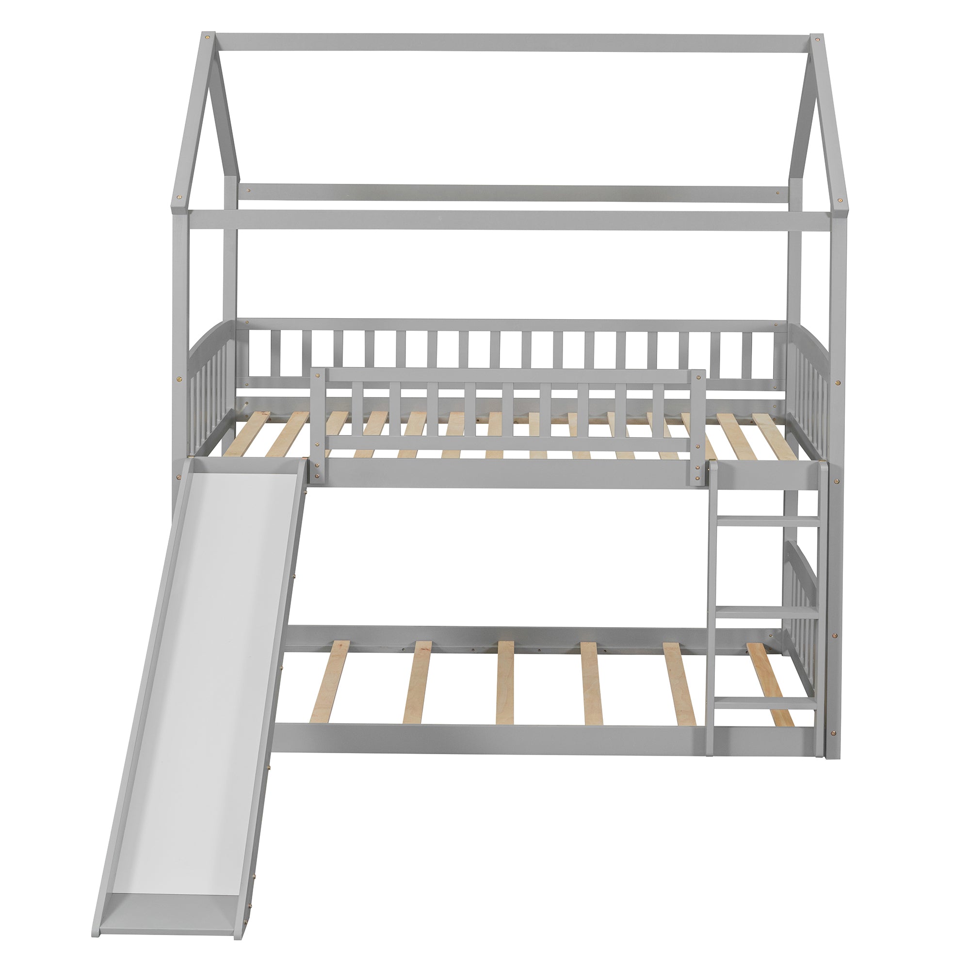 Twin Over Twin Bunk Bed with Slide, House Bed with Slide, Gray