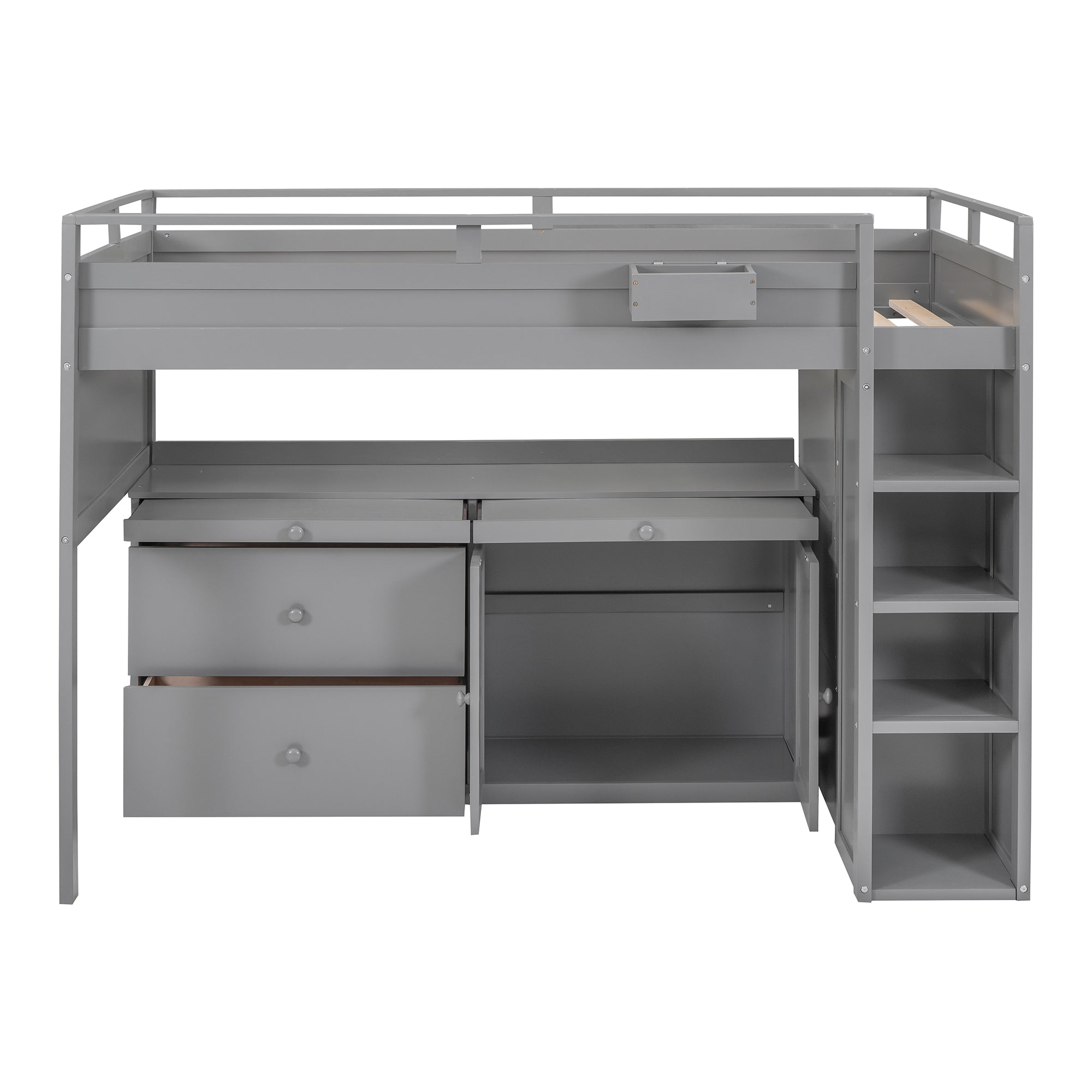 Loft Bed with Rolling Cabinet and Desk - Gray