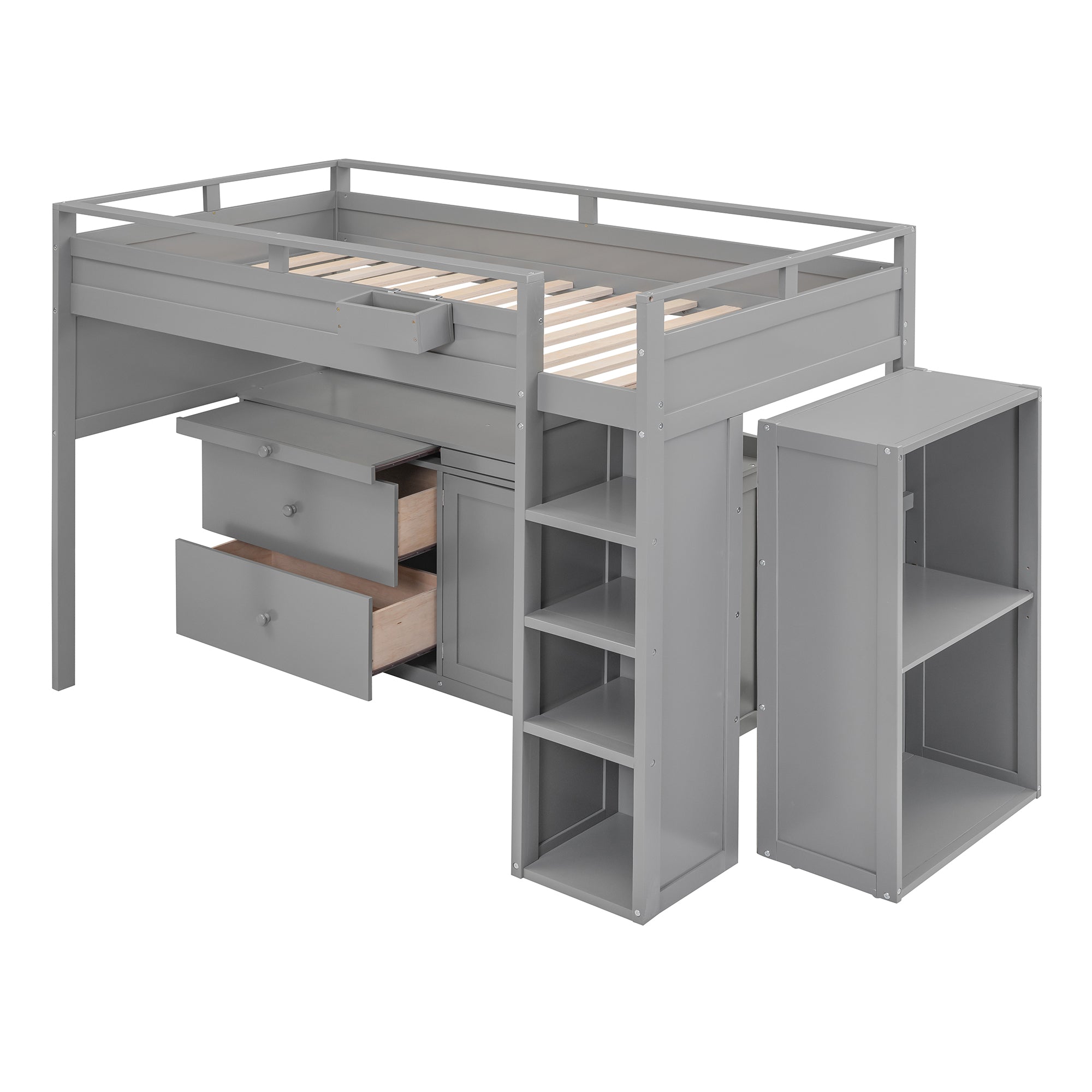 Loft Bed with Rolling Cabinet and Desk - Gray