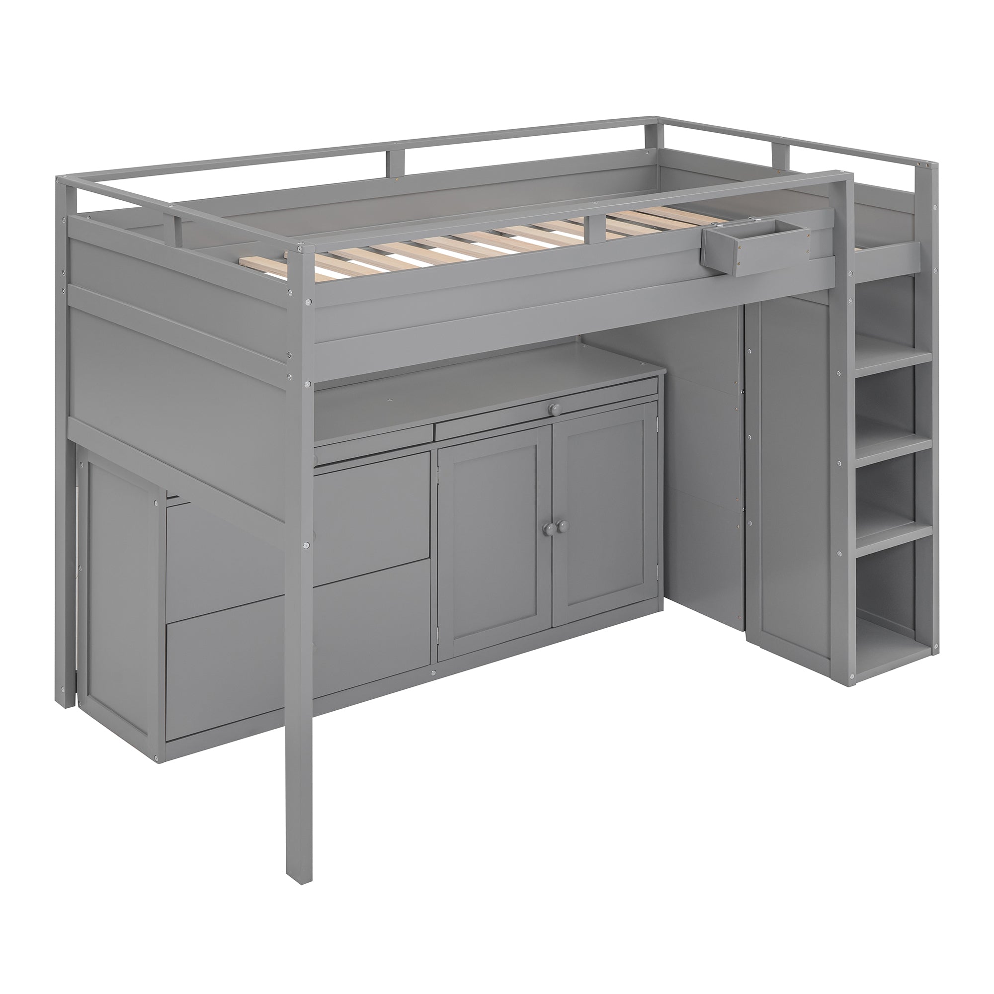 Loft Bed with Rolling Cabinet and Desk - Gray