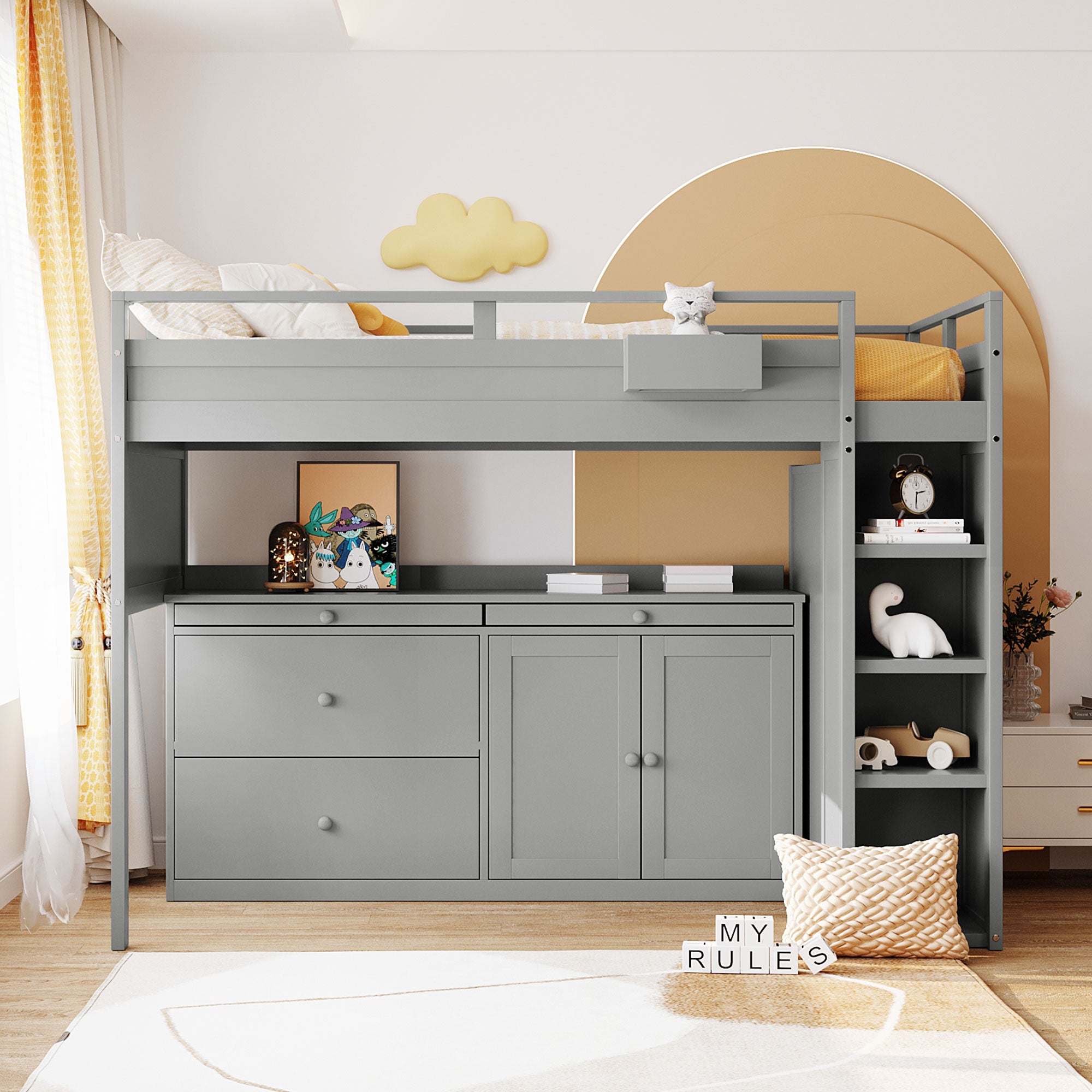 Loft Bed with Rolling Cabinet and Desk - Gray