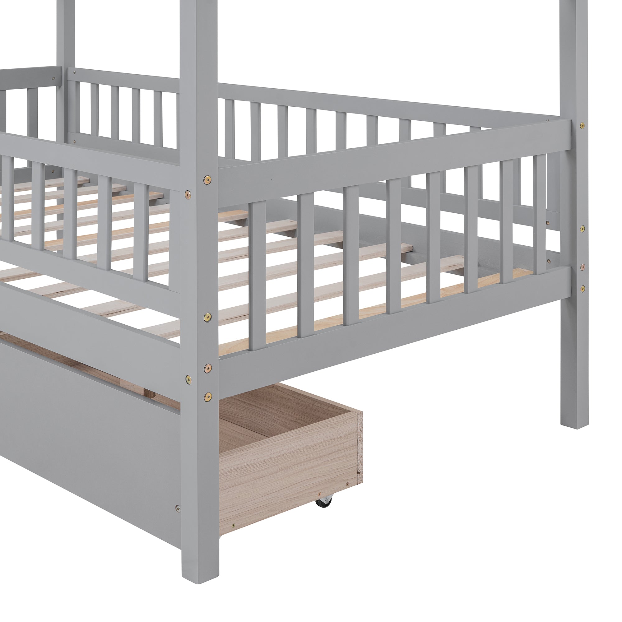 Twin Size Wooden House Bed with Two Drawers, Gray