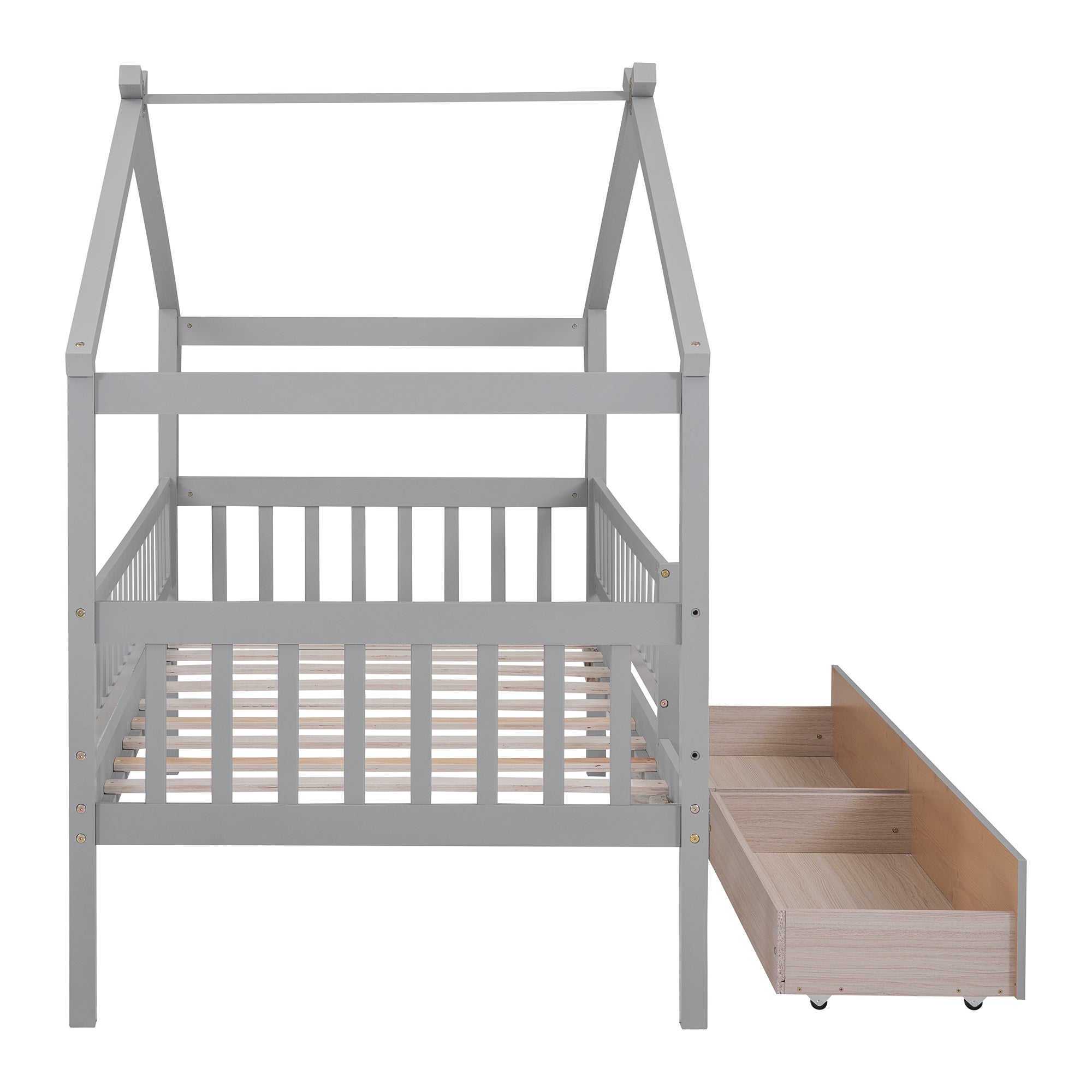 Twin Size Wooden House Bed with Two Drawers, Gray