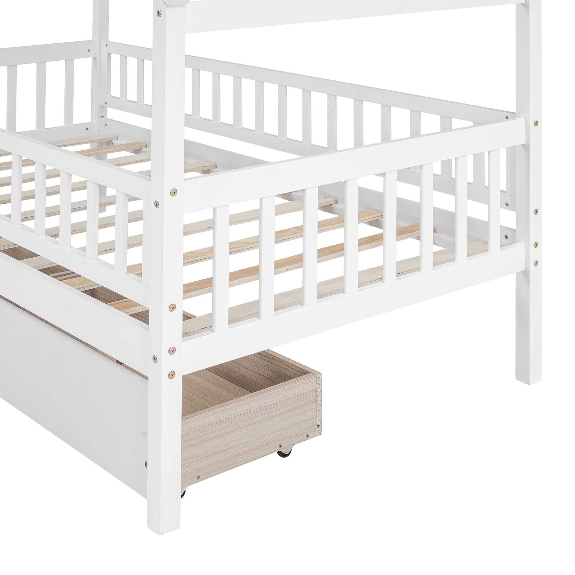 Twin Size Wooden House Bed with Two Drawers, White