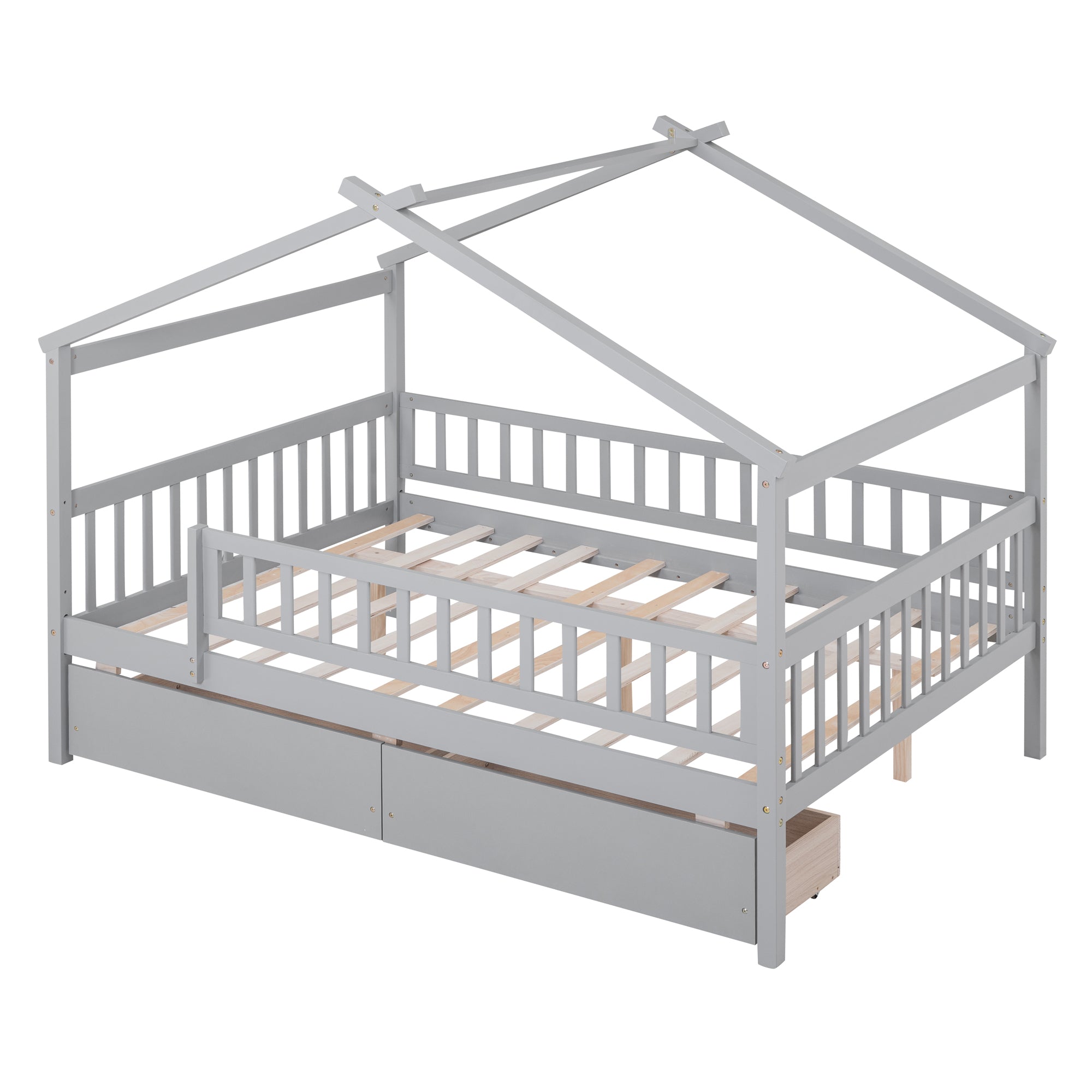 Full Size Wooden House Bed with Two Drawers,Gray