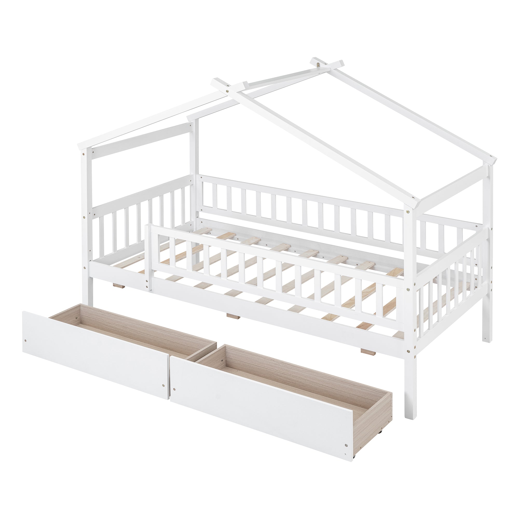 Twin Size Wooden House Bed with Two Drawers, White