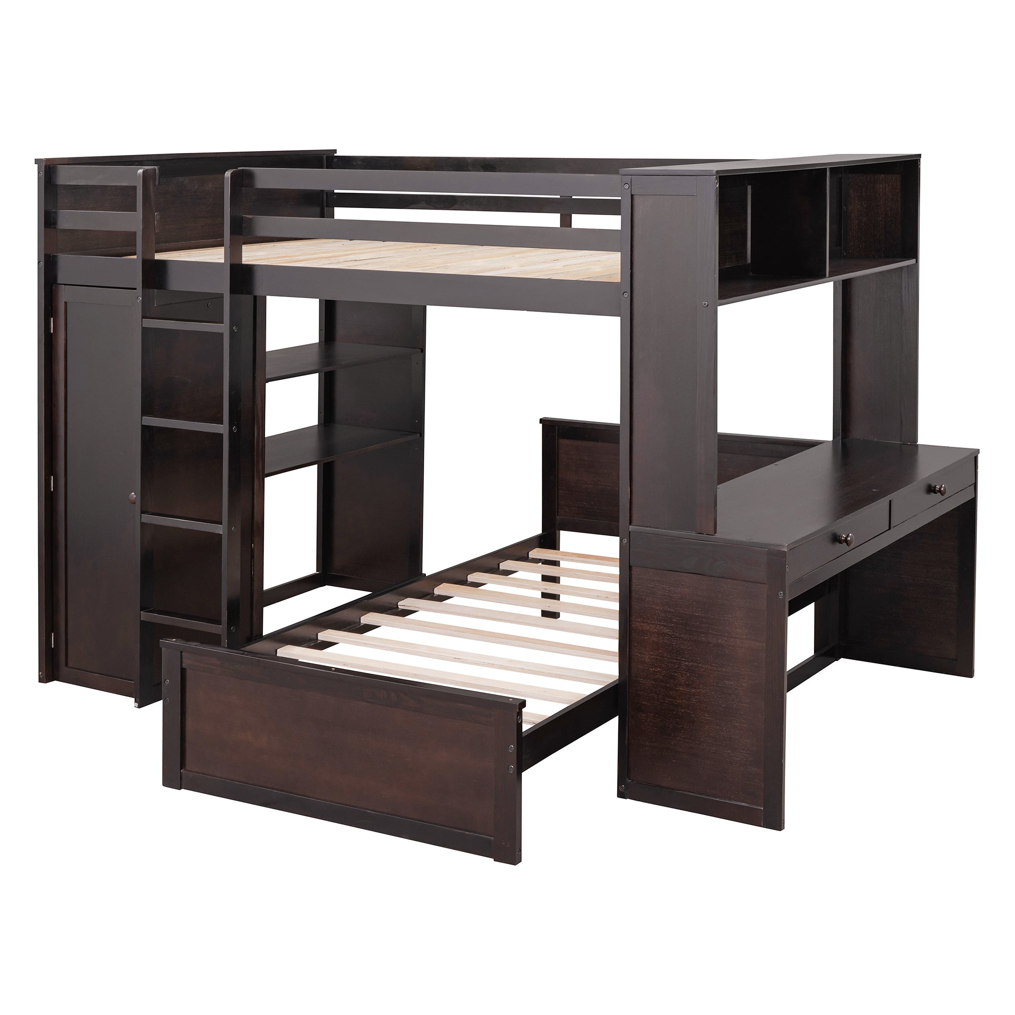 Full size Loft Bed with a twin size Stand-alone bed, Shelves,Desk,and Wardrobe-Espresso