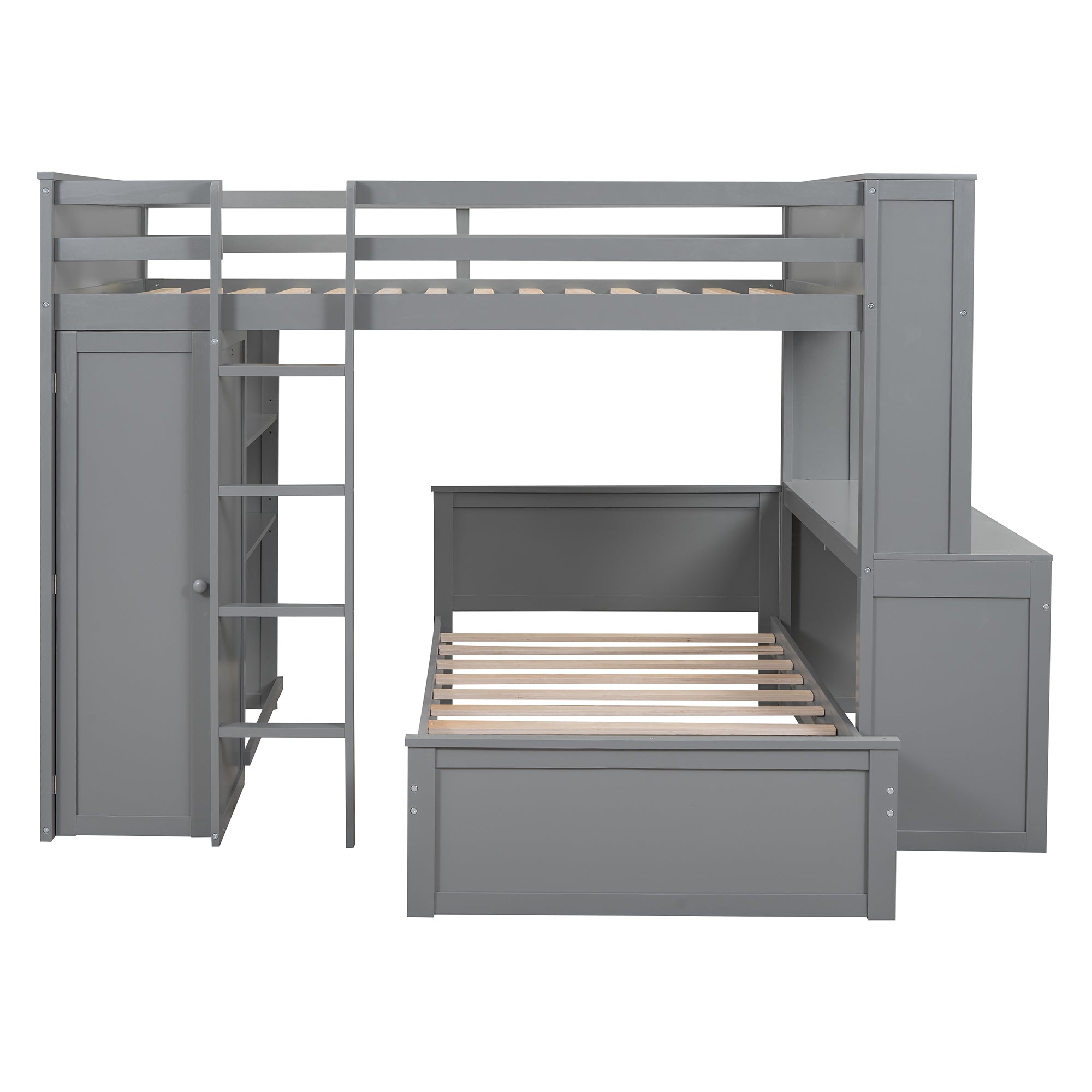 Full size Loft Bed with a twin size Stand-alone bed, Shelves,Desk,and Wardrobe-Gray