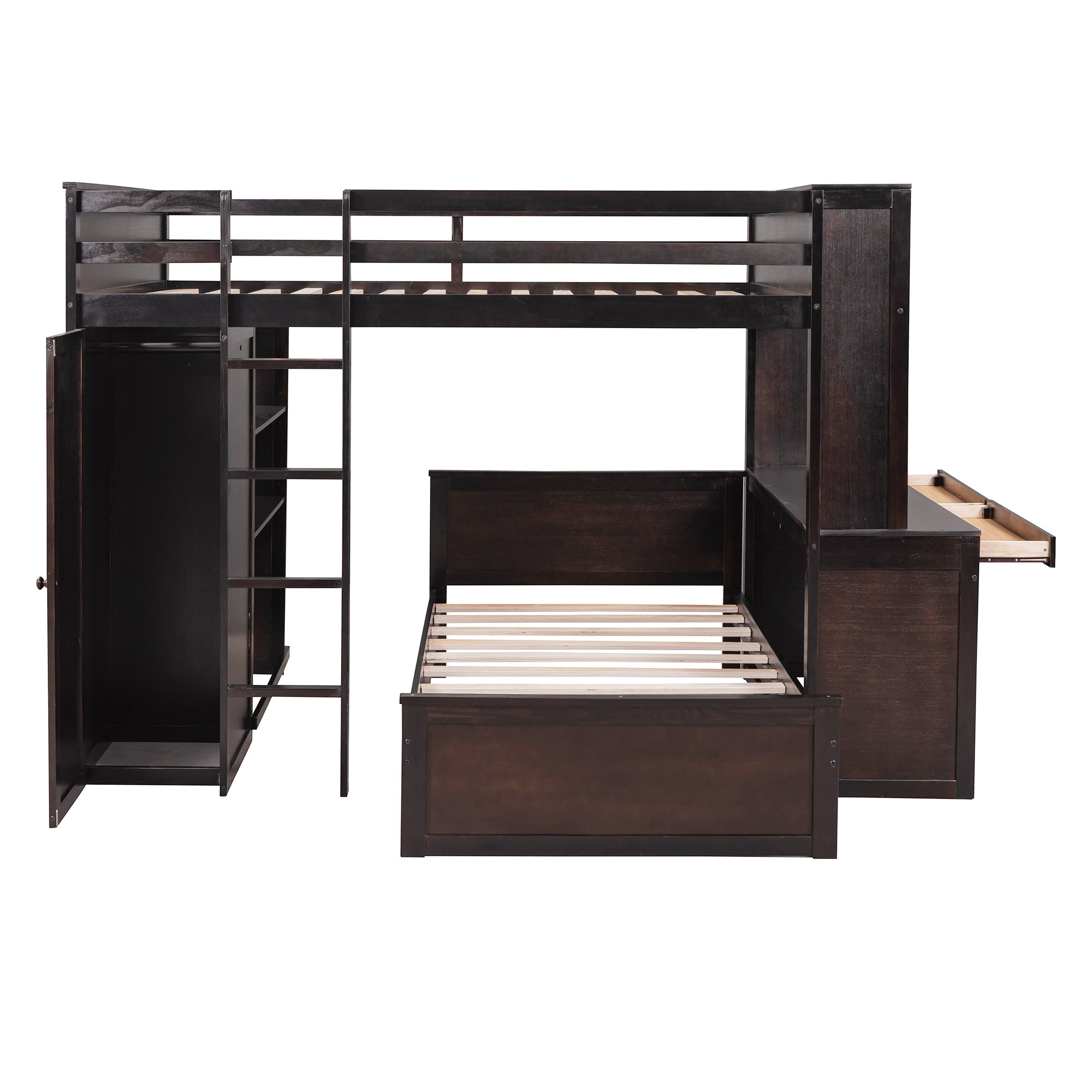 Full size Loft Bed with a twin size Stand-alone bed, Shelves,Desk,and Wardrobe-Espresso