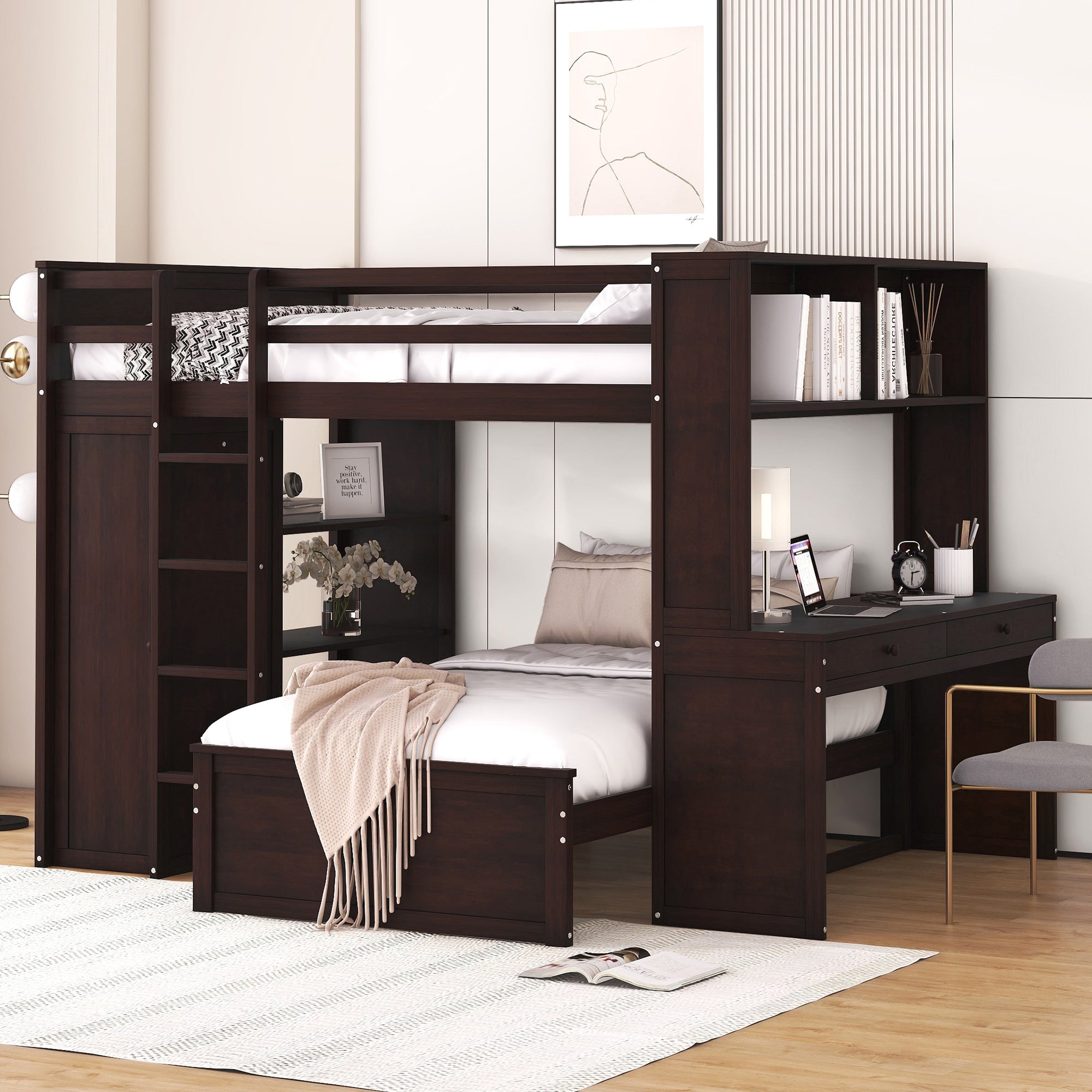 Full size Loft Bed with a twin size Stand-alone bed, Shelves,Desk,and Wardrobe-Espresso