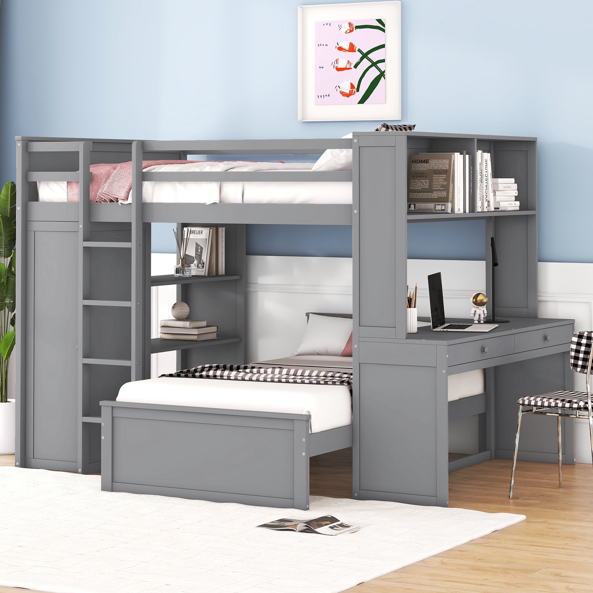 Full size Loft Bed with a twin size Stand-alone bed, Shelves,Desk,and Wardrobe-Gray