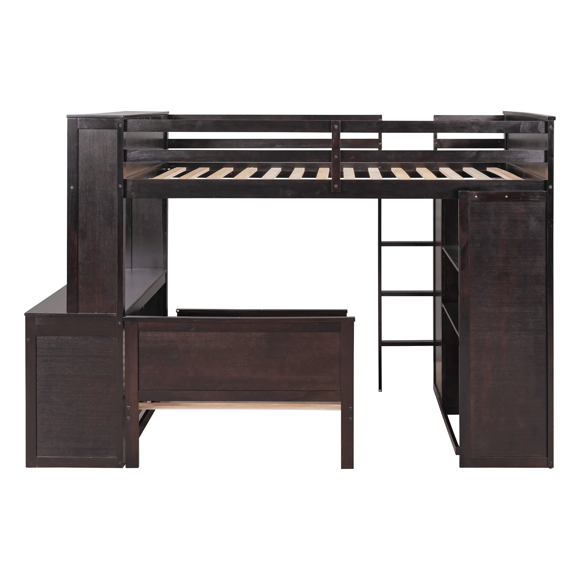 Full size Loft Bed with a twin size Stand-alone bed, Shelves,Desk,and Wardrobe-Espresso