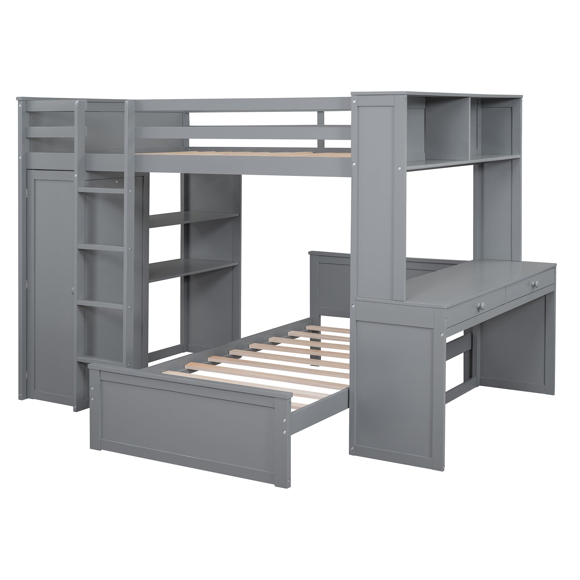 Full size Loft Bed with a twin size Stand-alone bed, Shelves,Desk,and Wardrobe-Gray