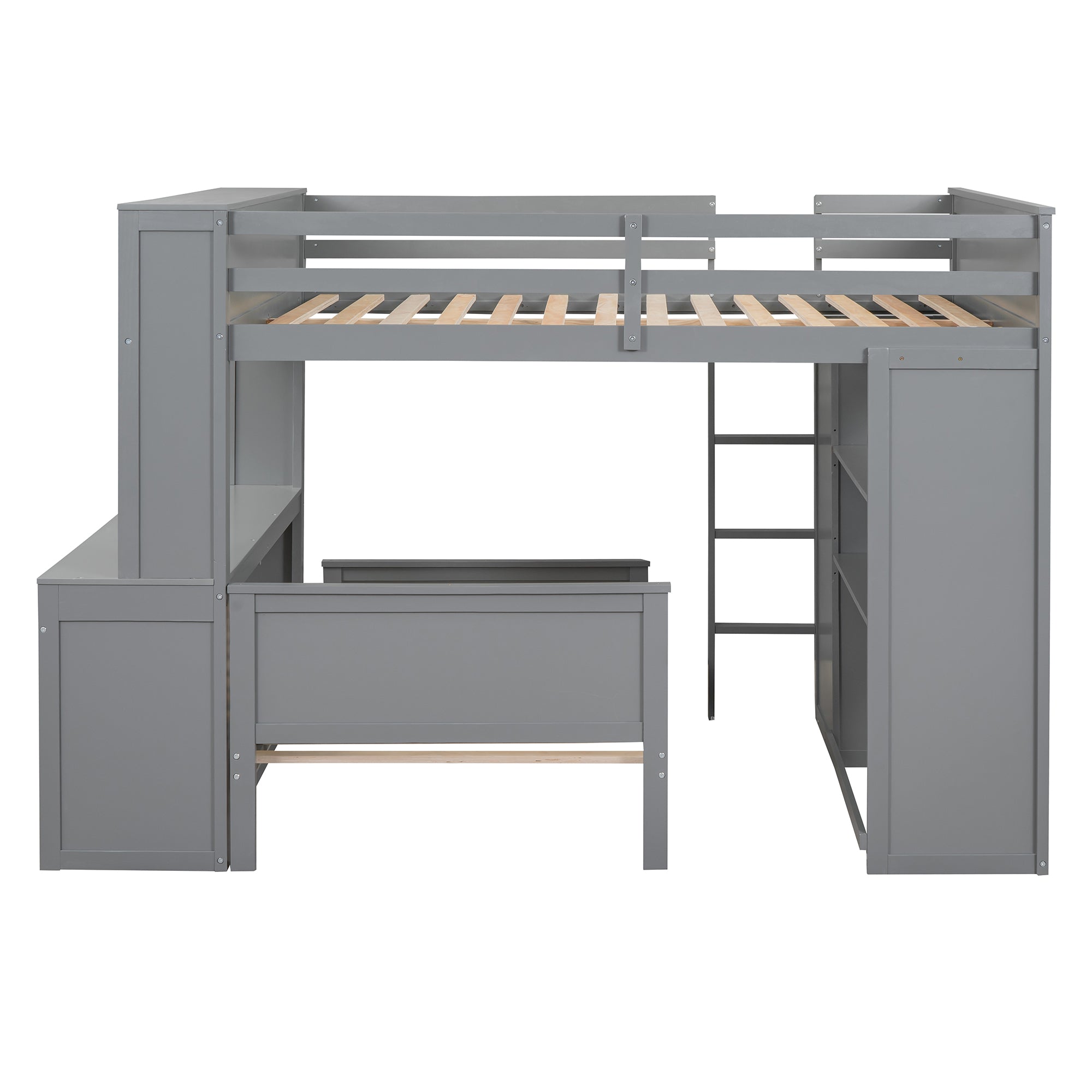 Full size Loft Bed with a twin size Stand-alone bed, Shelves,Desk,and Wardrobe-Gray