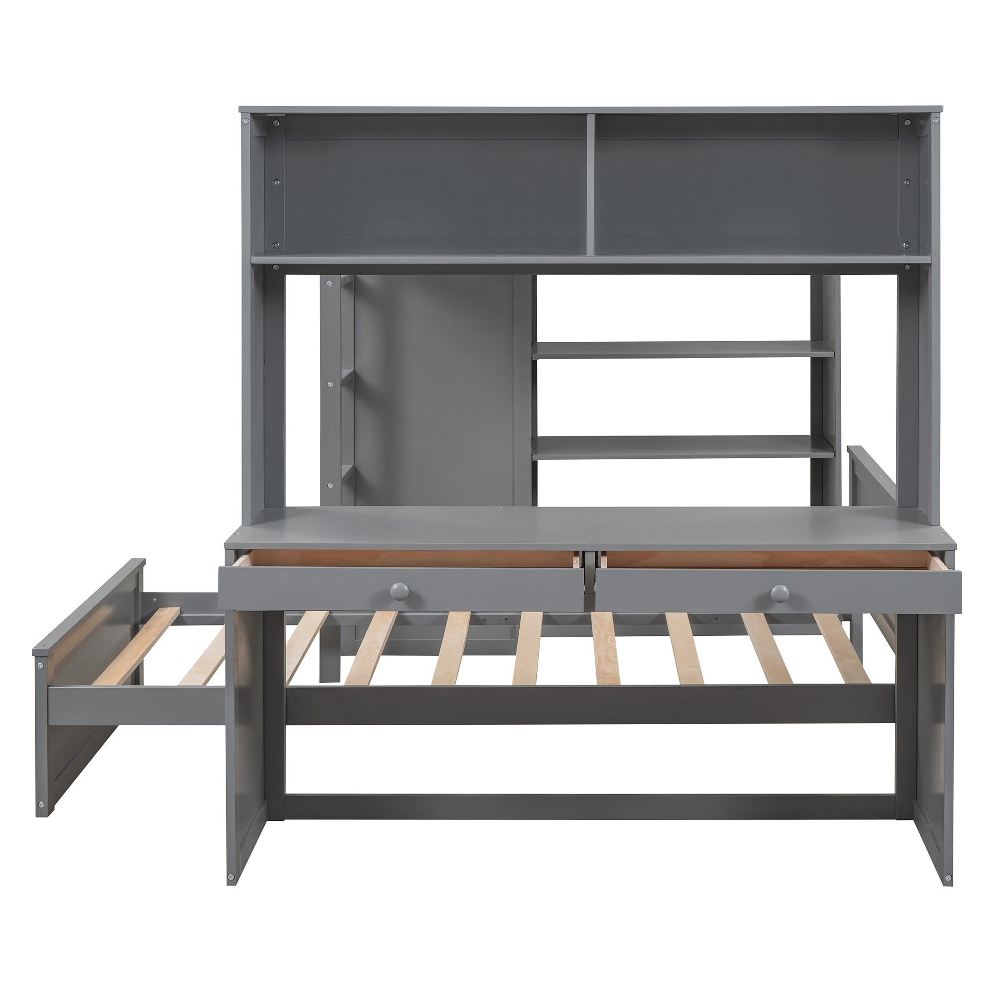 Full size Loft Bed with a twin size Stand-alone bed, Shelves,Desk,and Wardrobe-Gray