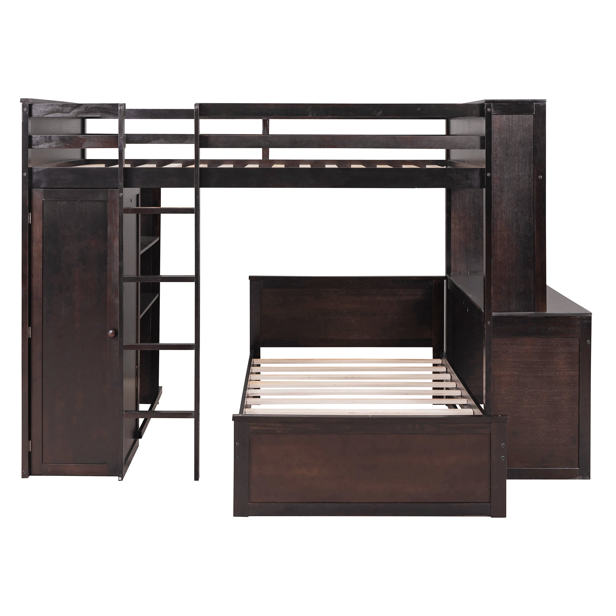 Full size Loft Bed with a twin size Stand-alone bed, Shelves,Desk,and Wardrobe-Espresso