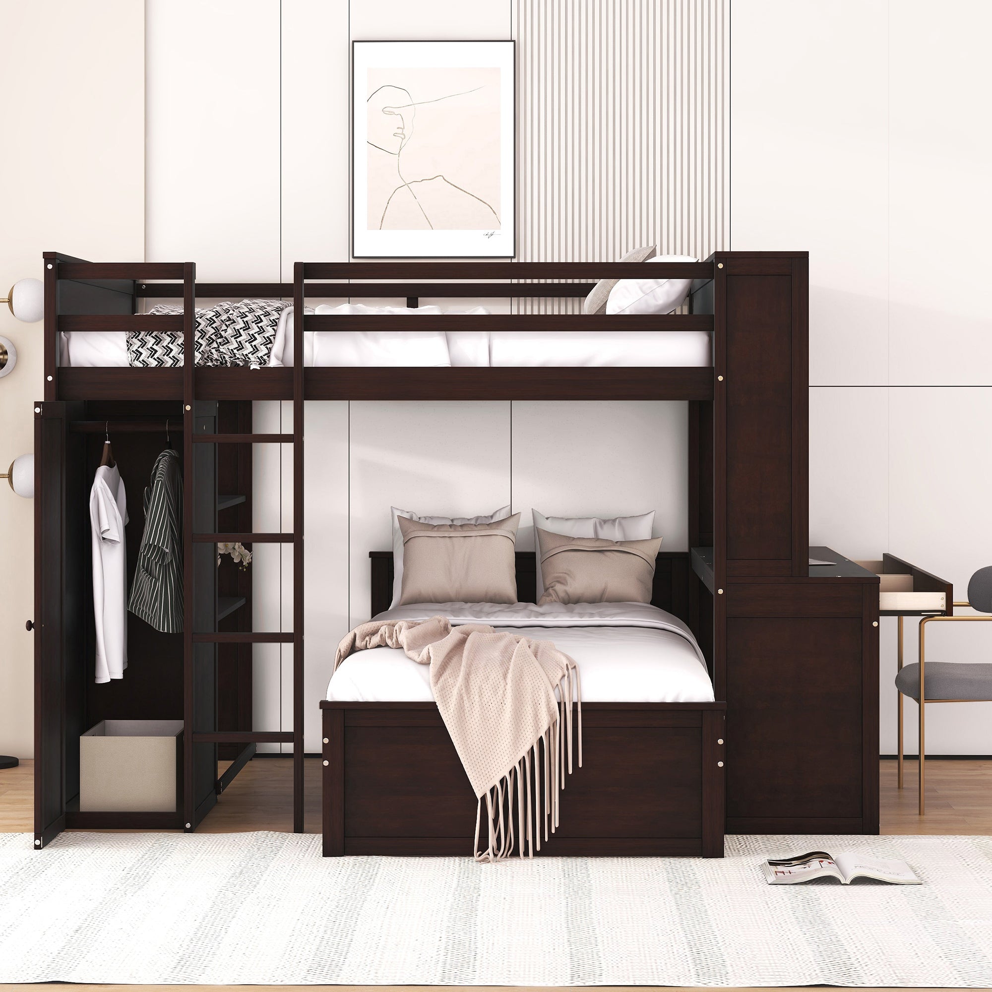 Full size Loft Bed with a twin size Stand-alone bed, Shelves,Desk,and Wardrobe-Espresso