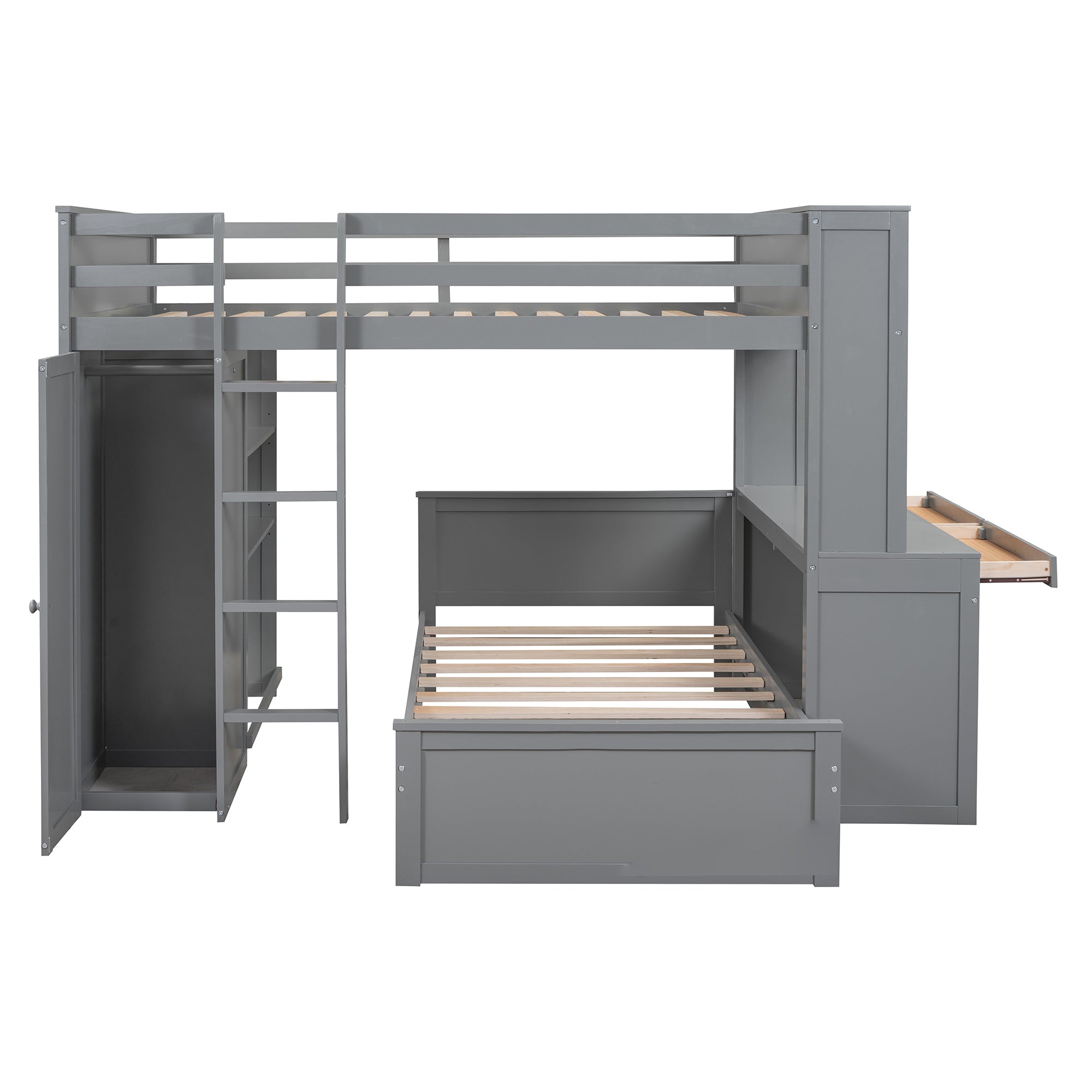 Full size Loft Bed with a twin size Stand-alone bed, Shelves,Desk,and Wardrobe-Gray