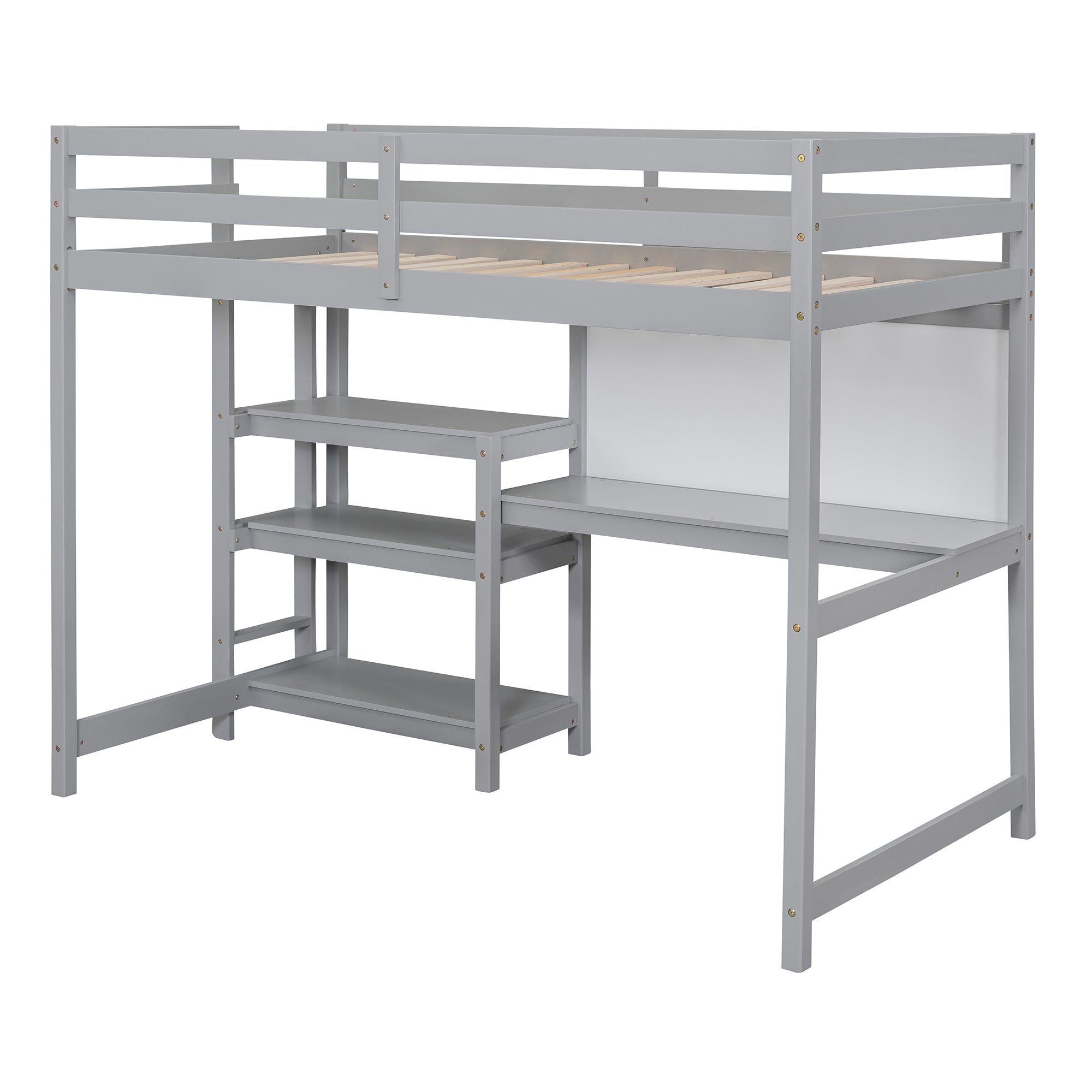 Twin Size Wooden Loft Bed with Shelves, Desk and Writing Board - Gray