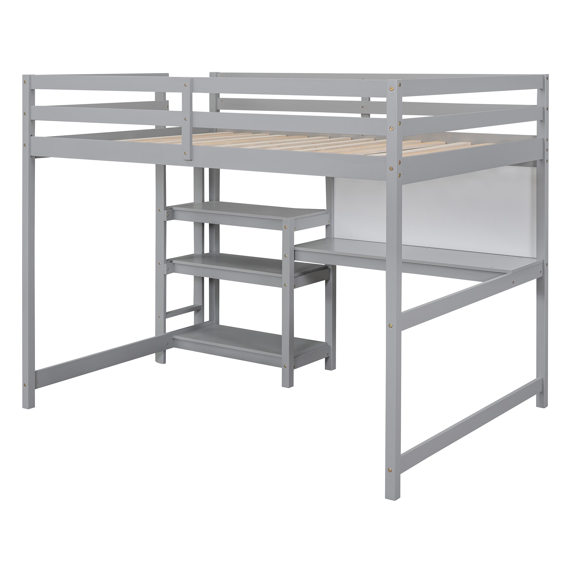 Full Size Wooden Loft Bed with Shelves, Desk and Writing Board - Gray