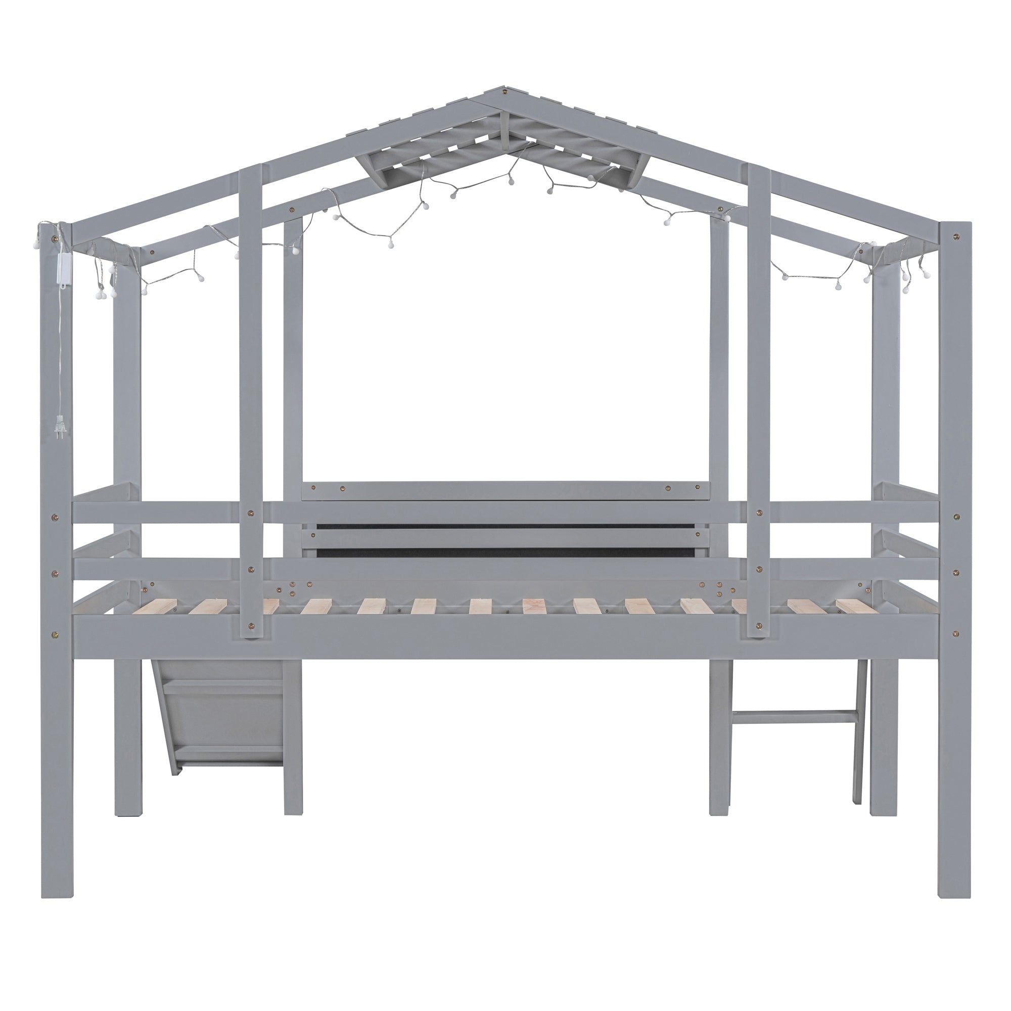 Twin Size Loft Bed with Ladder and Slide, House Bed with Blackboard and Light Strip on the Roof, Gray