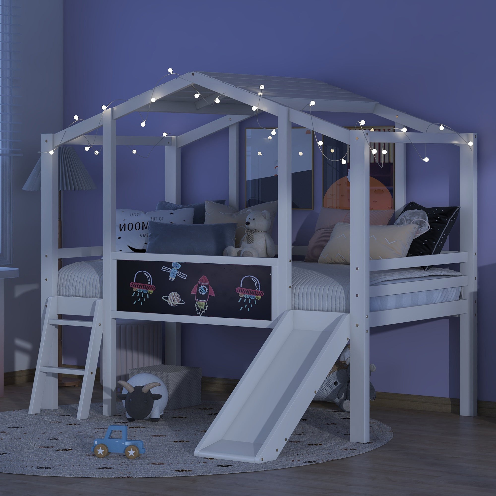 Twin Size Loft Bed with Ladder and Slide, House Bed with Blackboard and Light Strip on the Roof, White