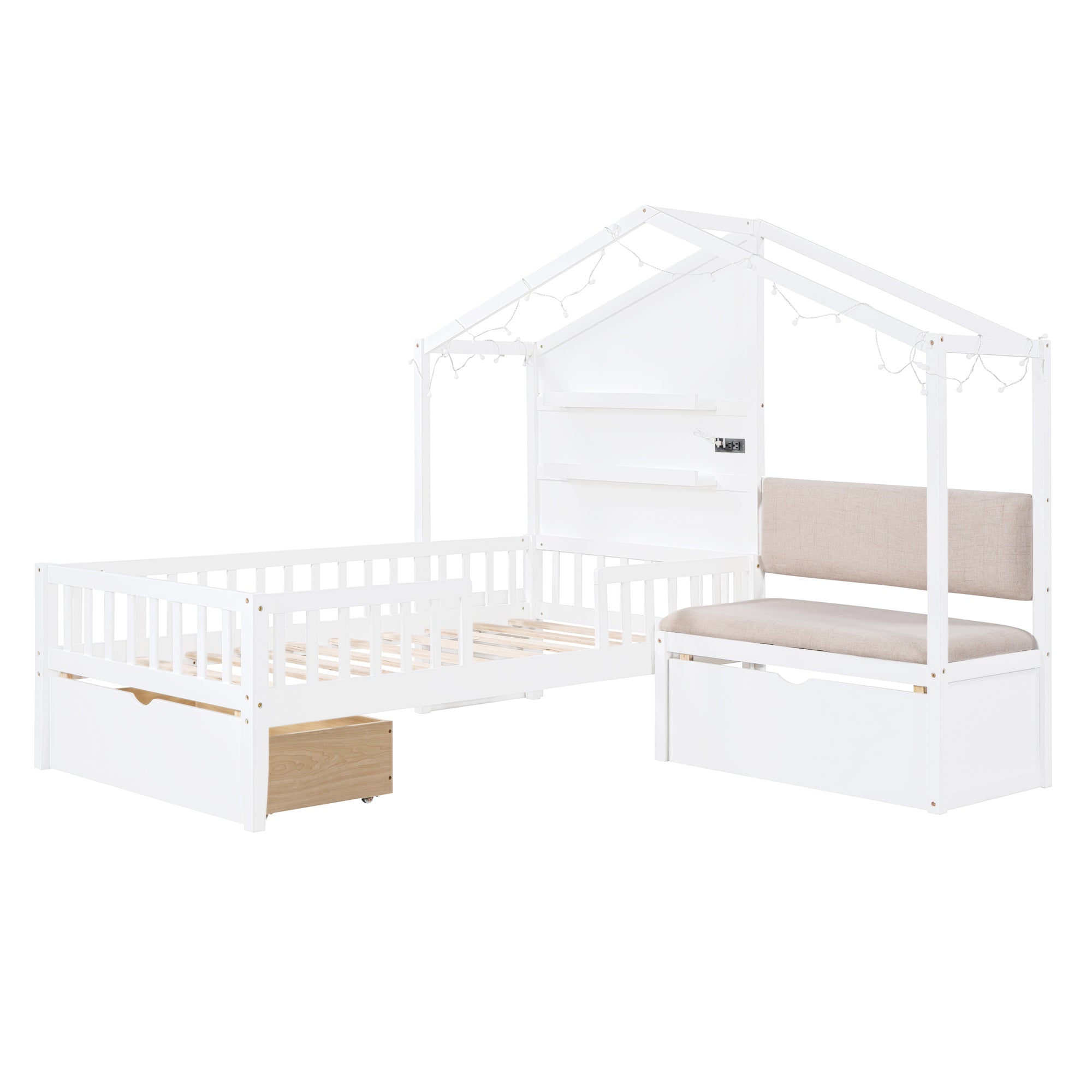 Twin Size House Bed with Upholstered Sofa, House Bed with Charging Station, Wireless Charging, Shelves and Two Drawers, White