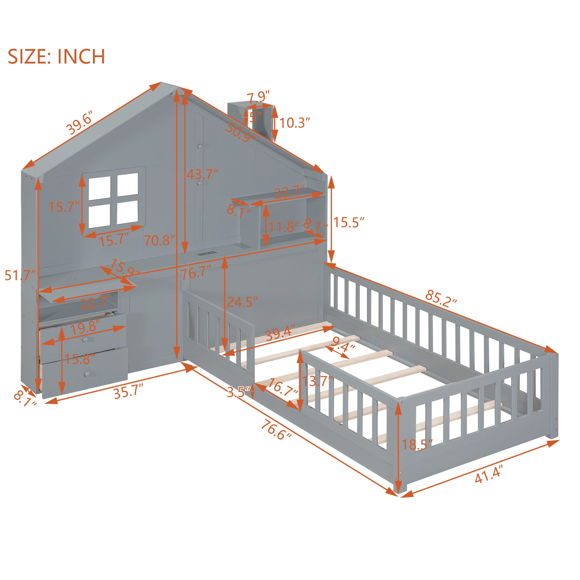 Twin Size House Bed with Window and Bedside Drawers, Platform Bed with Shelves and a set of Sockets and USB Port, Gray