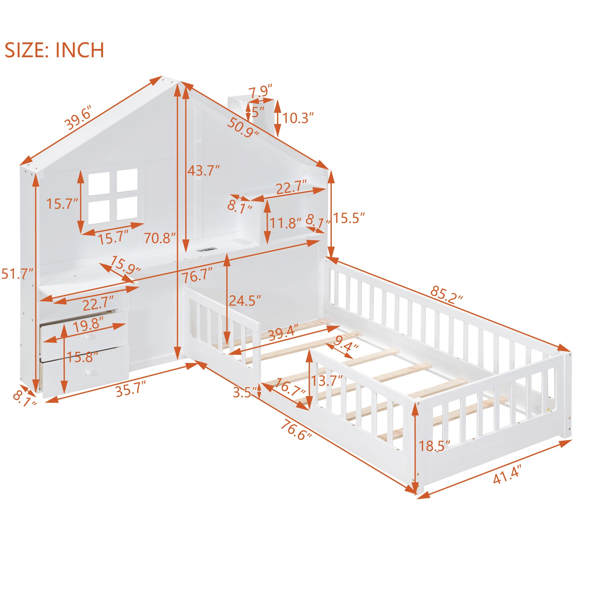 Twin Size House Bed with Window and Bedside Drawers, Platform Bed with Shelves and a set of Sockets and USB Port, White