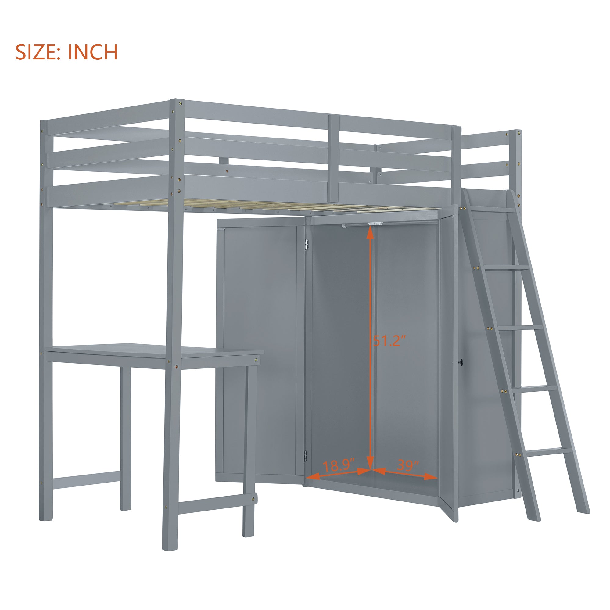 Twin Size Loft Bed with Wardrobe and Desk, Gray