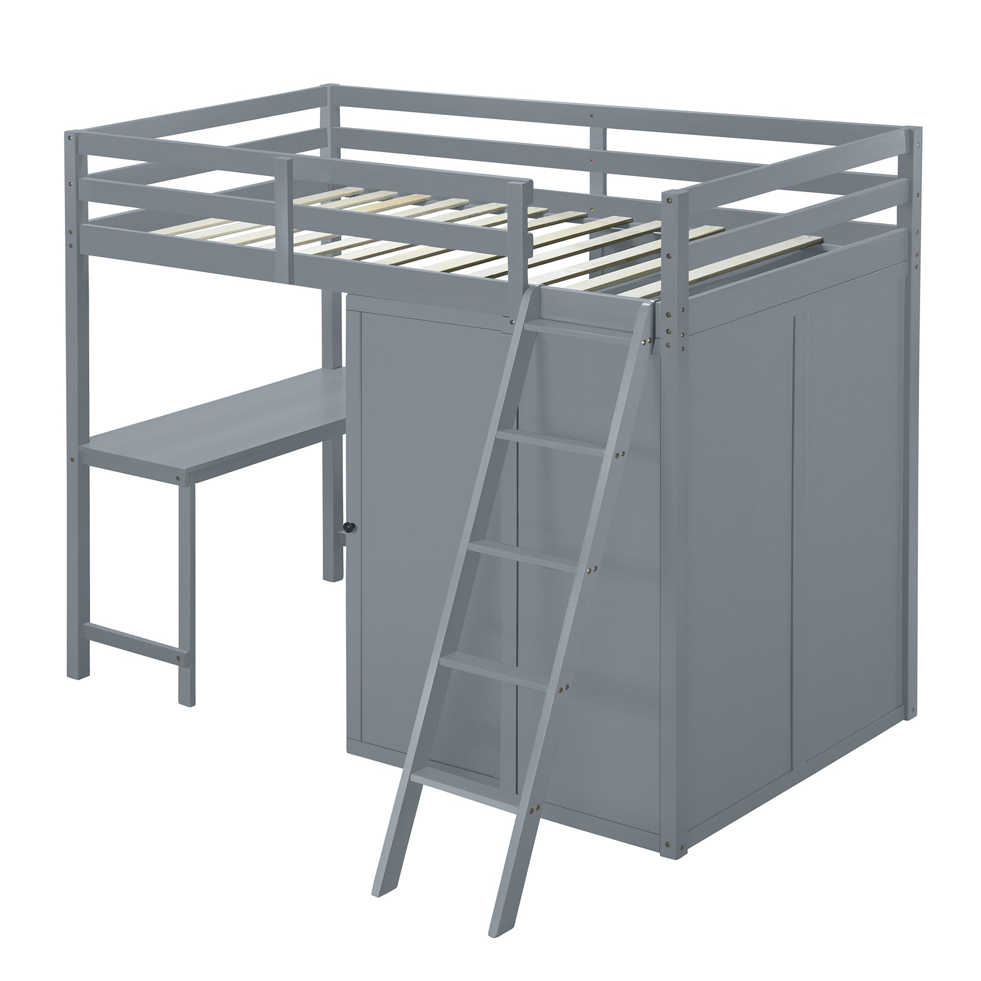 Twin Size Loft Bed with Wardrobe and Desk, Gray