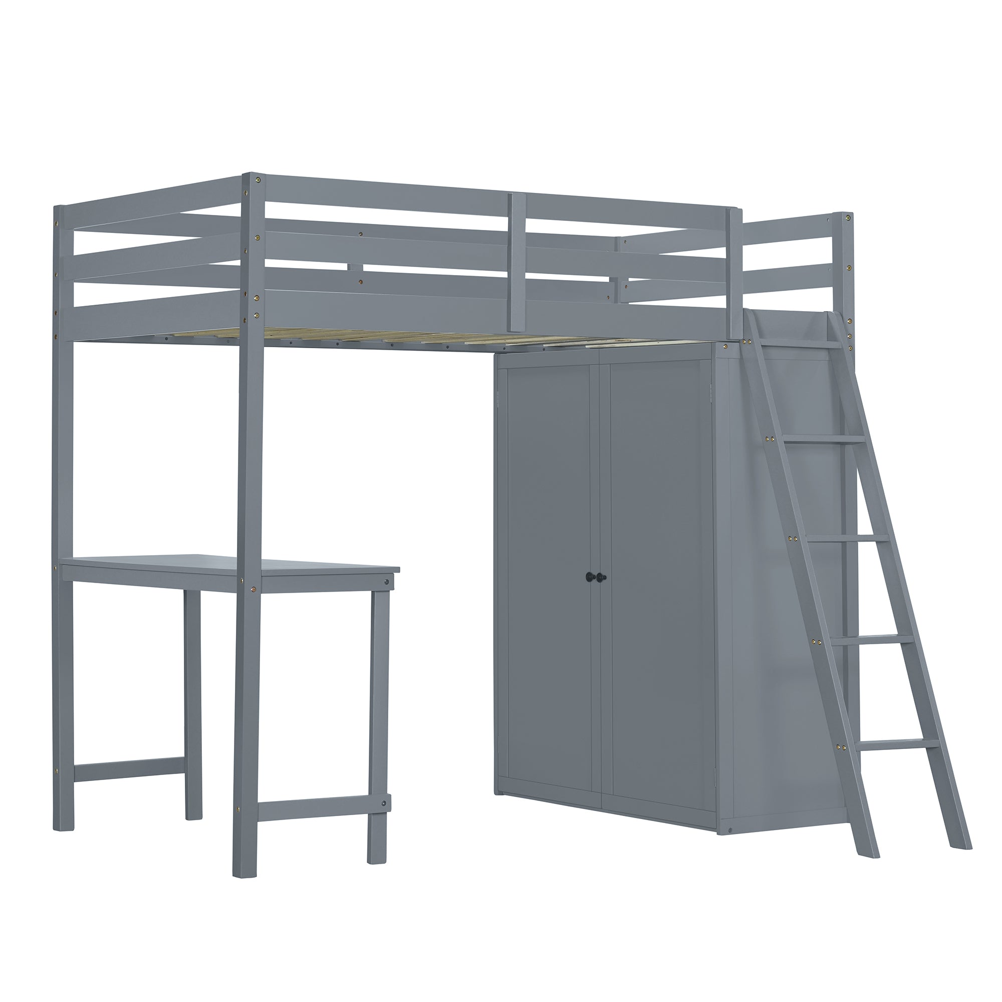 Twin Size Loft Bed with Wardrobe and Desk, Gray